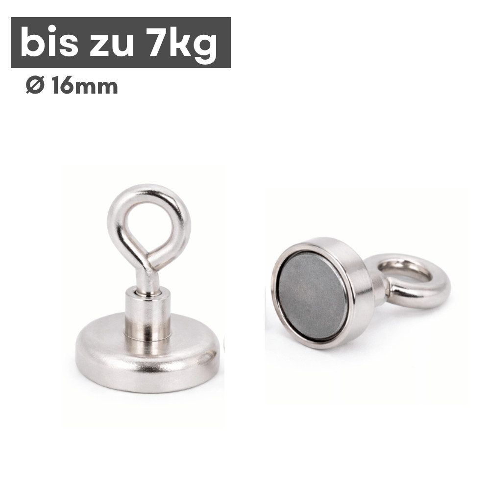Magnet Magnethaken Ø16 mm Neodym Magnet M4 Topfmagnet mit Öse 7 kg