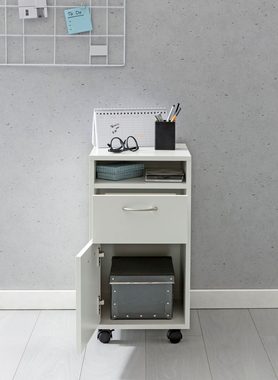 Wohnling Rollcontainer WL5.901, (Bürocontainer Weiß 33x63x38, Schubladenschrank), Schreibtischcontainer mit Rollen, Schublade & Tür