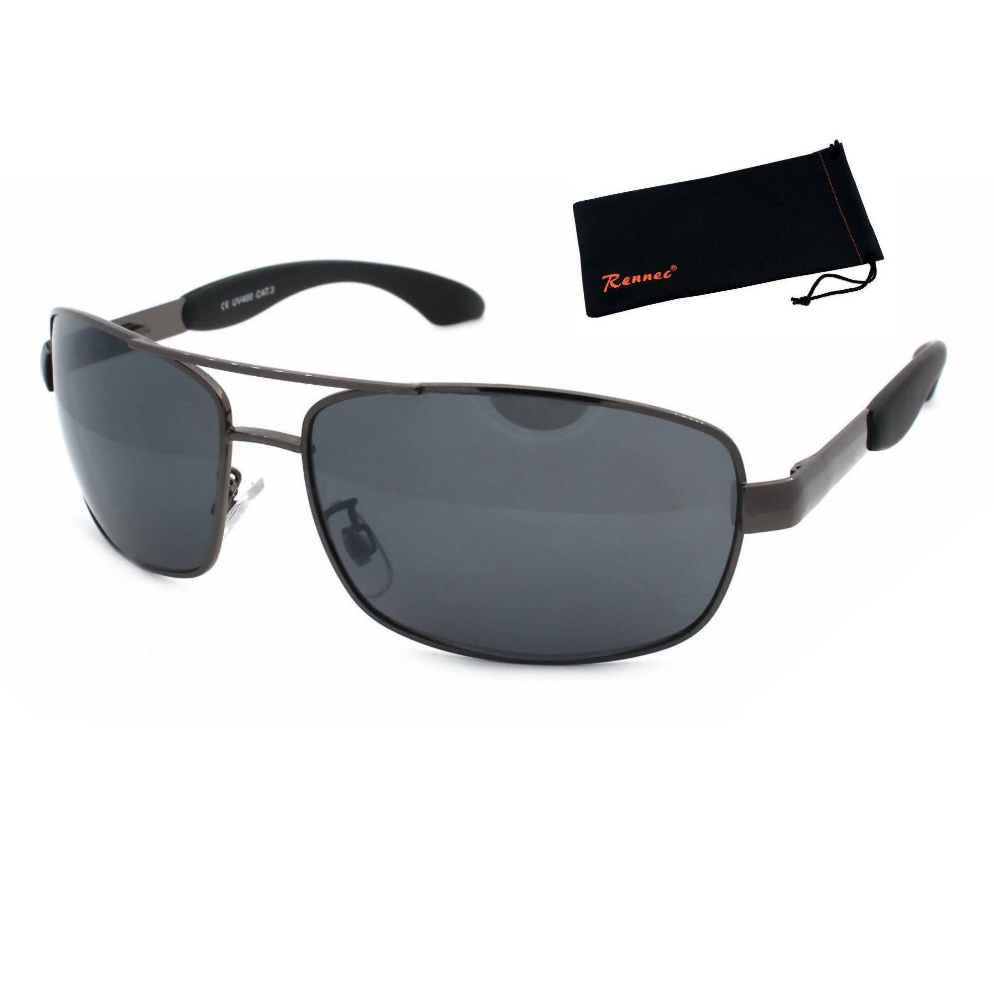 Rennec Sonnenbrille Herren Schwarz Schmale Pilotenbrille Eckige Gläser Linsen Schwarz Getönt, Brille mit Federscharniere