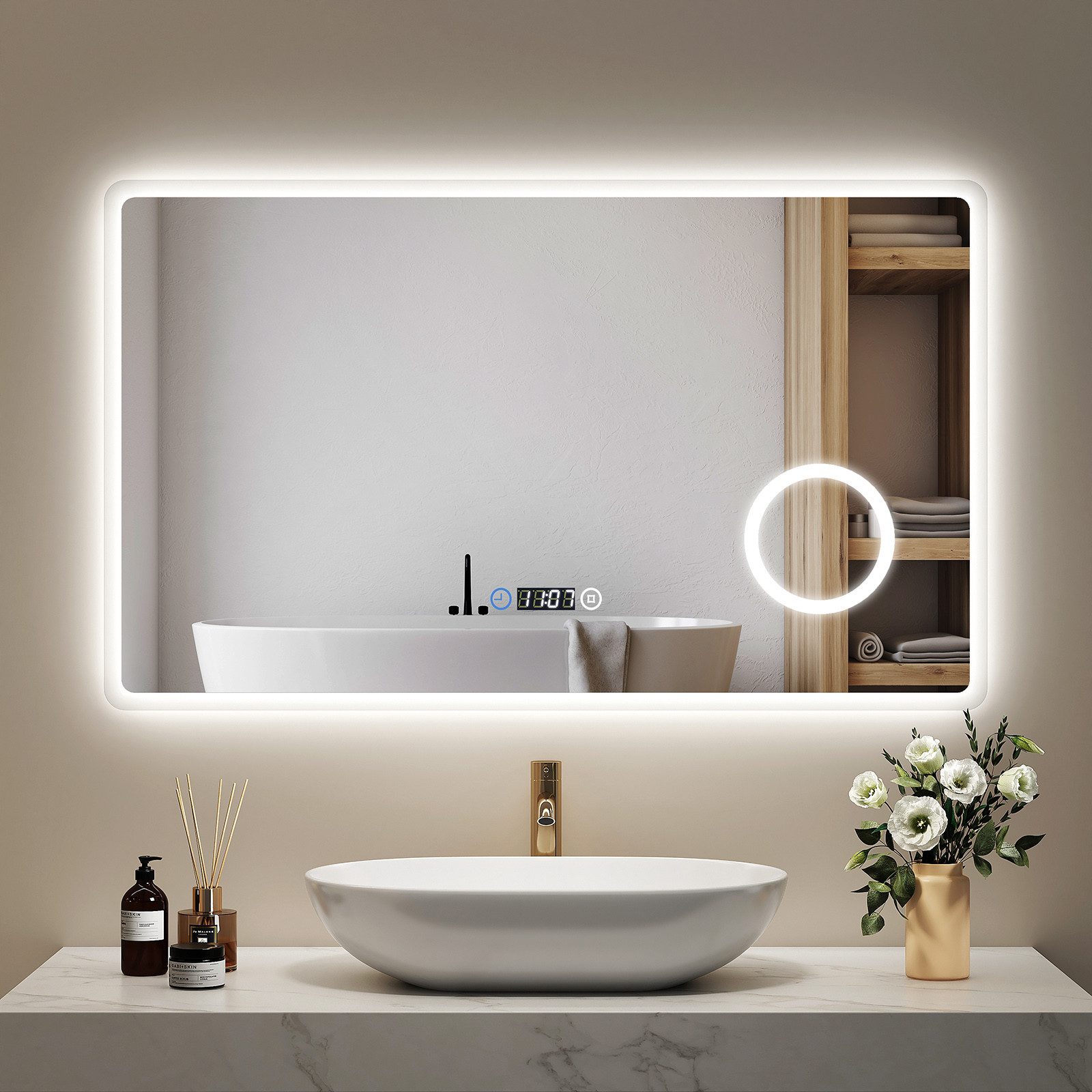 EMKE Badspiegel mit Beleuchtung LED Wandspiegel 3-fach Vergrößerung Kosmetikspiegel (Breit: 80~100cm, Touchschalter), 3 Lichtfarben, dimmbar, Digitaluhr, Touch, ohne Antibeschlag, IP44