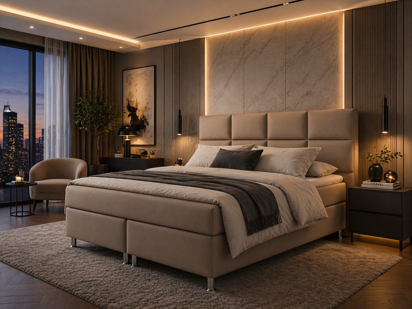 inter Boxspringbett Miami 180x200 cm Kunstleder mit 7-Zonen TFK und Topper (180x200 cm, Muddy mit 7 Zonen Taschenfederkernmatratzen und Topper), Boxspringbett, Hotelkomfort, Mit Topper, Tonnentaschenfederkern