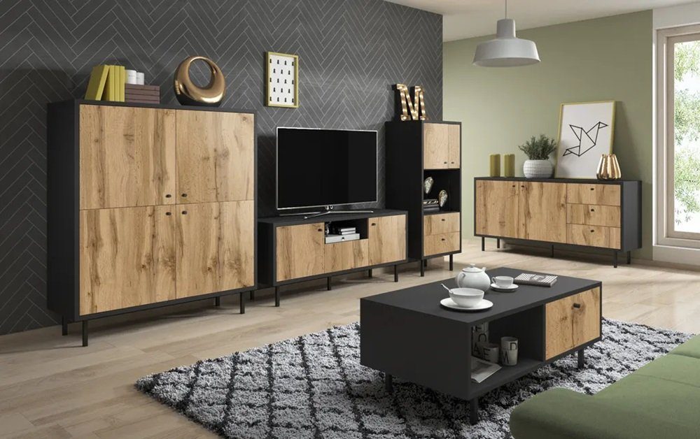 DB-Möbel Wohnzimmer-Set Salon Möbelset Bose in matt Eiche und Schwarz 5-teilig