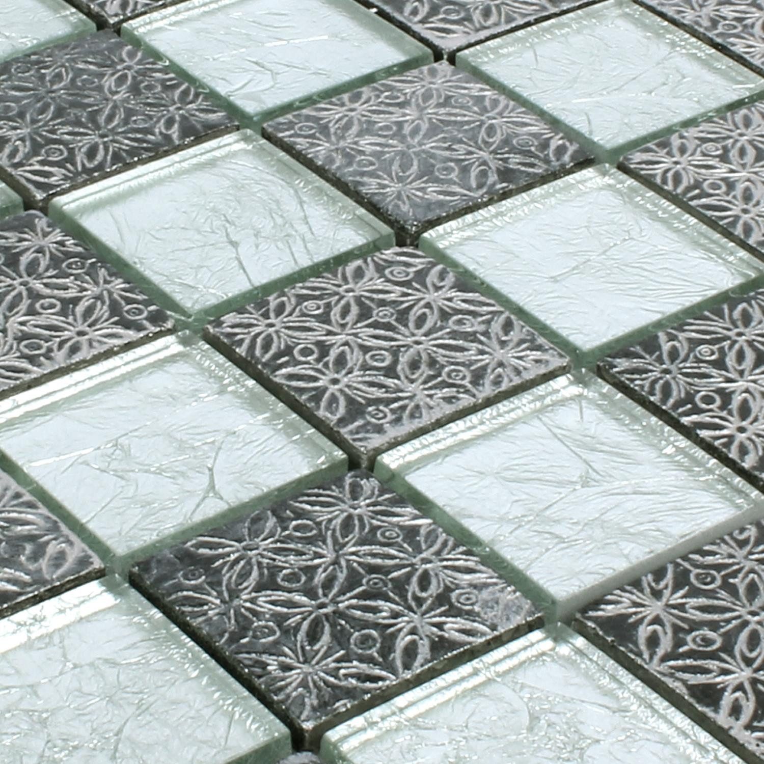 Mosafil Mosaikfliesen Mosaikfliesen Friesia Glas Naturstein Resin Mix, Naturstein-Resin-Glas 30.000x30.000, schwarz-silber, Verlegefertig auf ein Netz geklebt