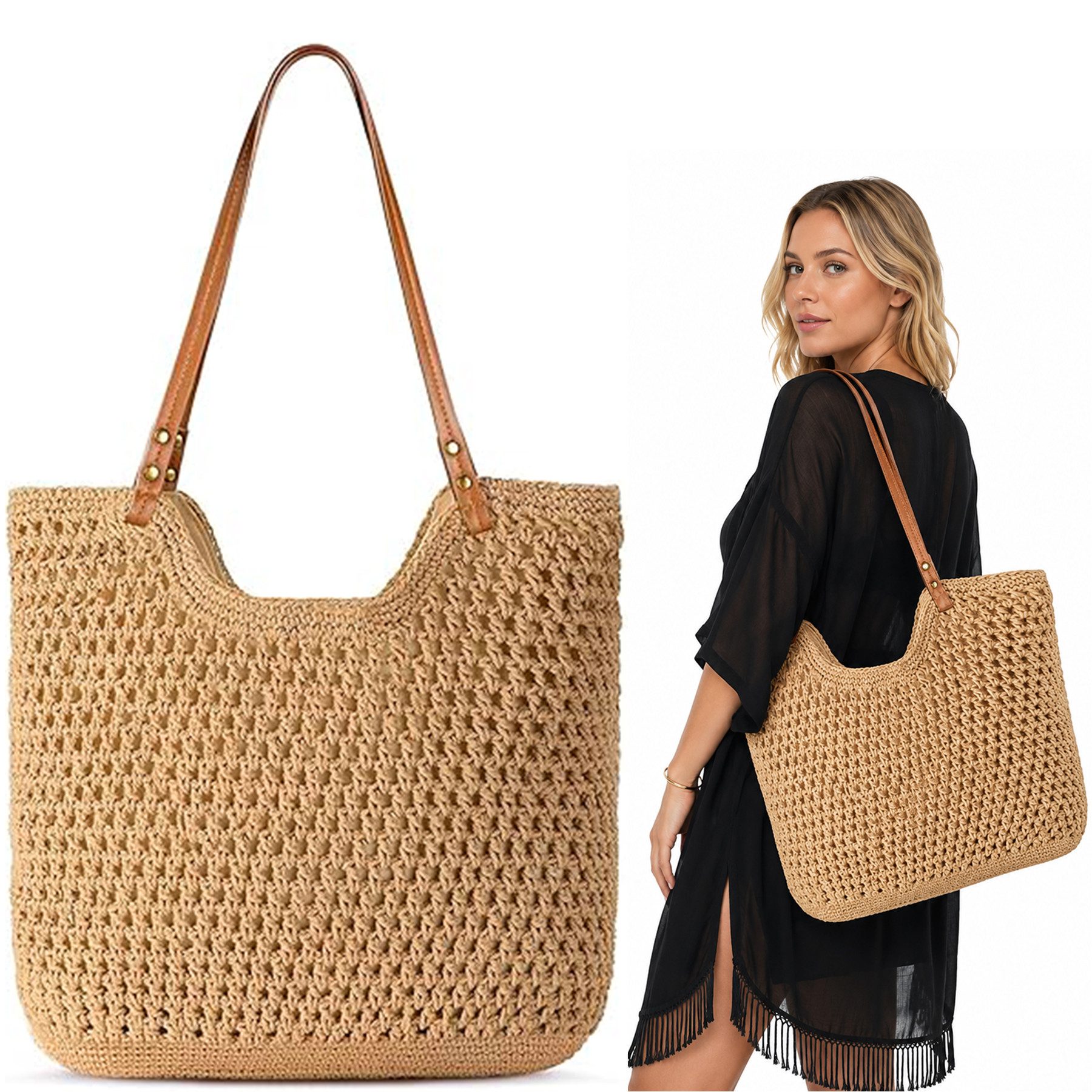 Keyura Strandtasche Sommer Strandtasche Damen Boho Häkeltasche Strand Mesh Tragetasche (Strohtasche Beach Handtasche Leicht Umhängetasche Vintage Sommertasche, Reisetaschen Tasche, faltbar Hobo Taschen, Einkaufstasche Lässige), für Reisen Einkaufen, Urlaub, Pendeln Strand Pool Fitnessstudio