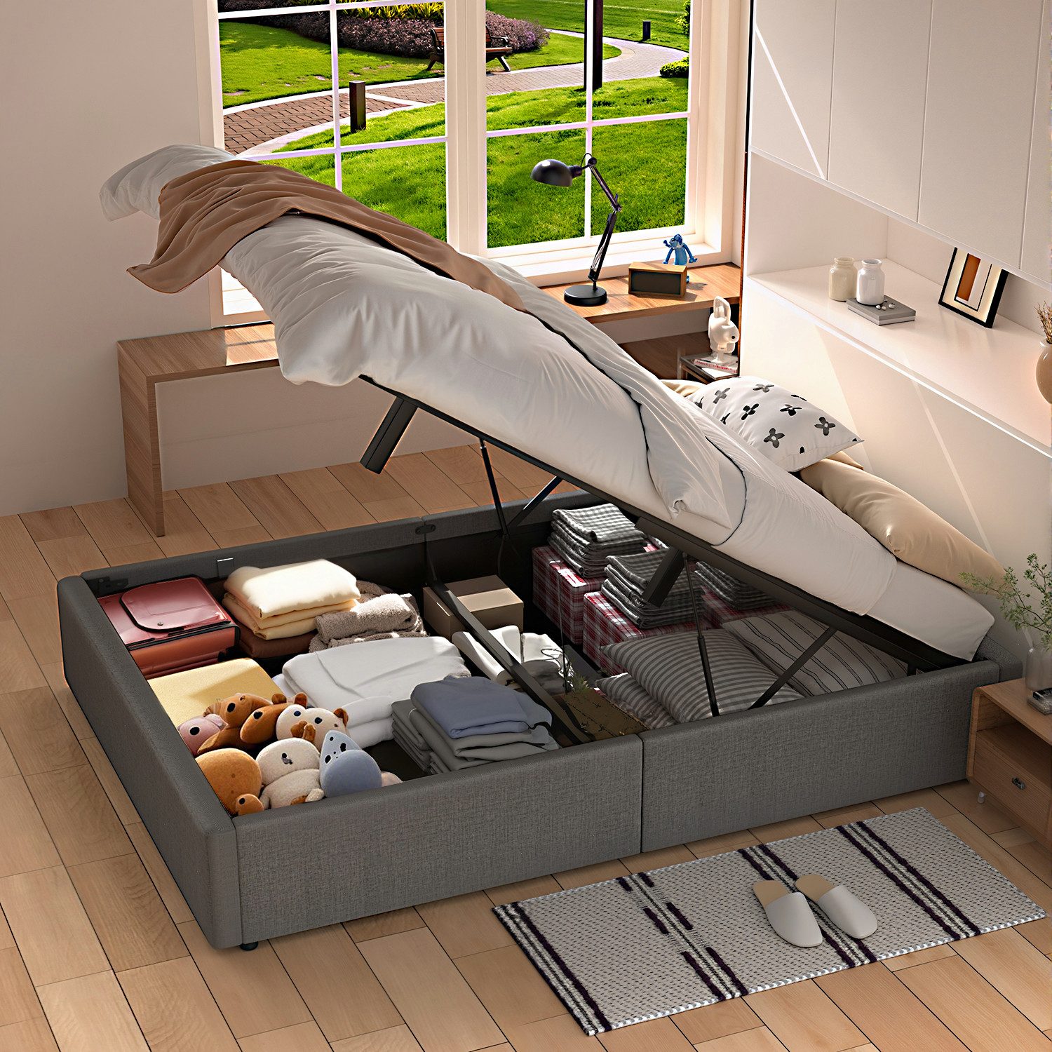 oyajia Polsterbett Hydraulisches Doppelbett mit bettkasten 140x200cm,Stauraumbett Modern (Leinenmaterial Polsterbett, Mit Lattenrost, Einfaches Design), Hydraulisch anhebbarer Doppelbett, einfache Montage