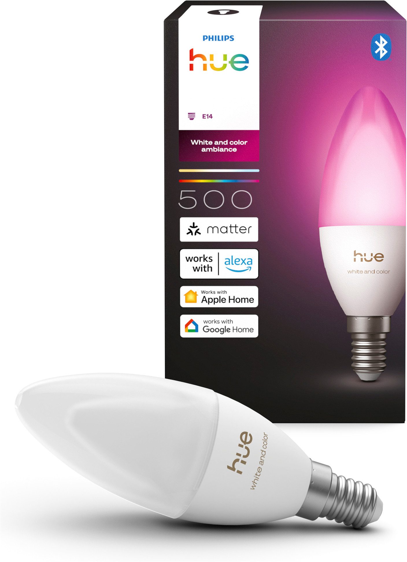 Philips Hue LED-Leuchtmittel Smarte Kerzenlampe, E14, 500 lm, White & Color Ambiance, 1er‑Pack, E14, 1 St., Farbwechsler, 1000–20000K, auf 0,2% dimmbar, App‑ & Sprachsteuerung