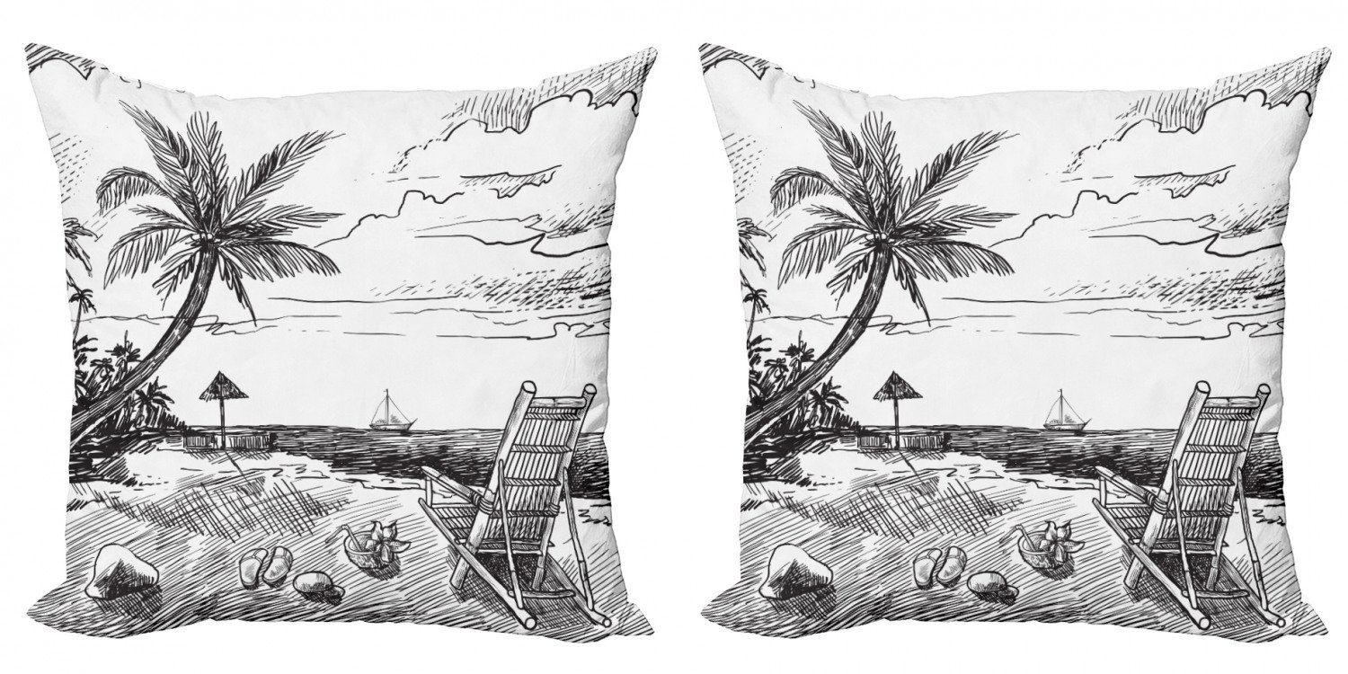 Kissenbezüge Modern Accent Doppelseitiger Digitaldruck, Abakuhaus (2 Stück), Sommer Strand-Skizze mit Stuhl Baum