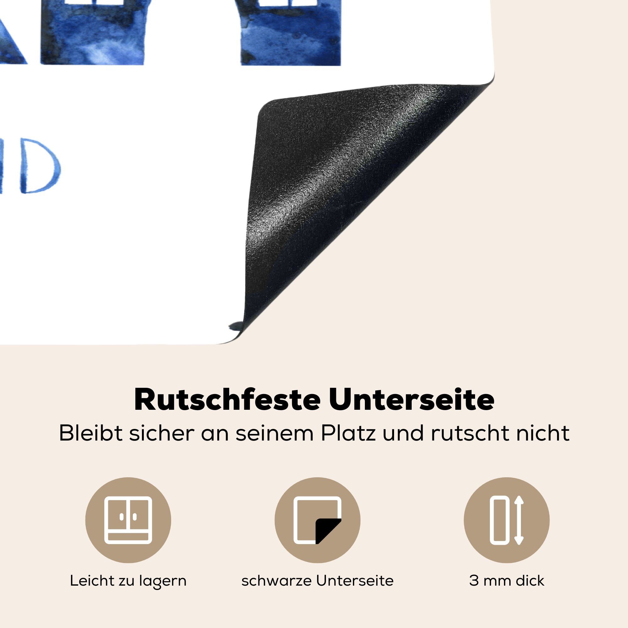 Induktionskochfeld cm, Vinyl, Schutz 81x52 Ceranfeldabdeckung MuchoWow küche, (1 tlg), - Delfter für Herdblende-/Abdeckplatte die Blau Windmühle Haus, -