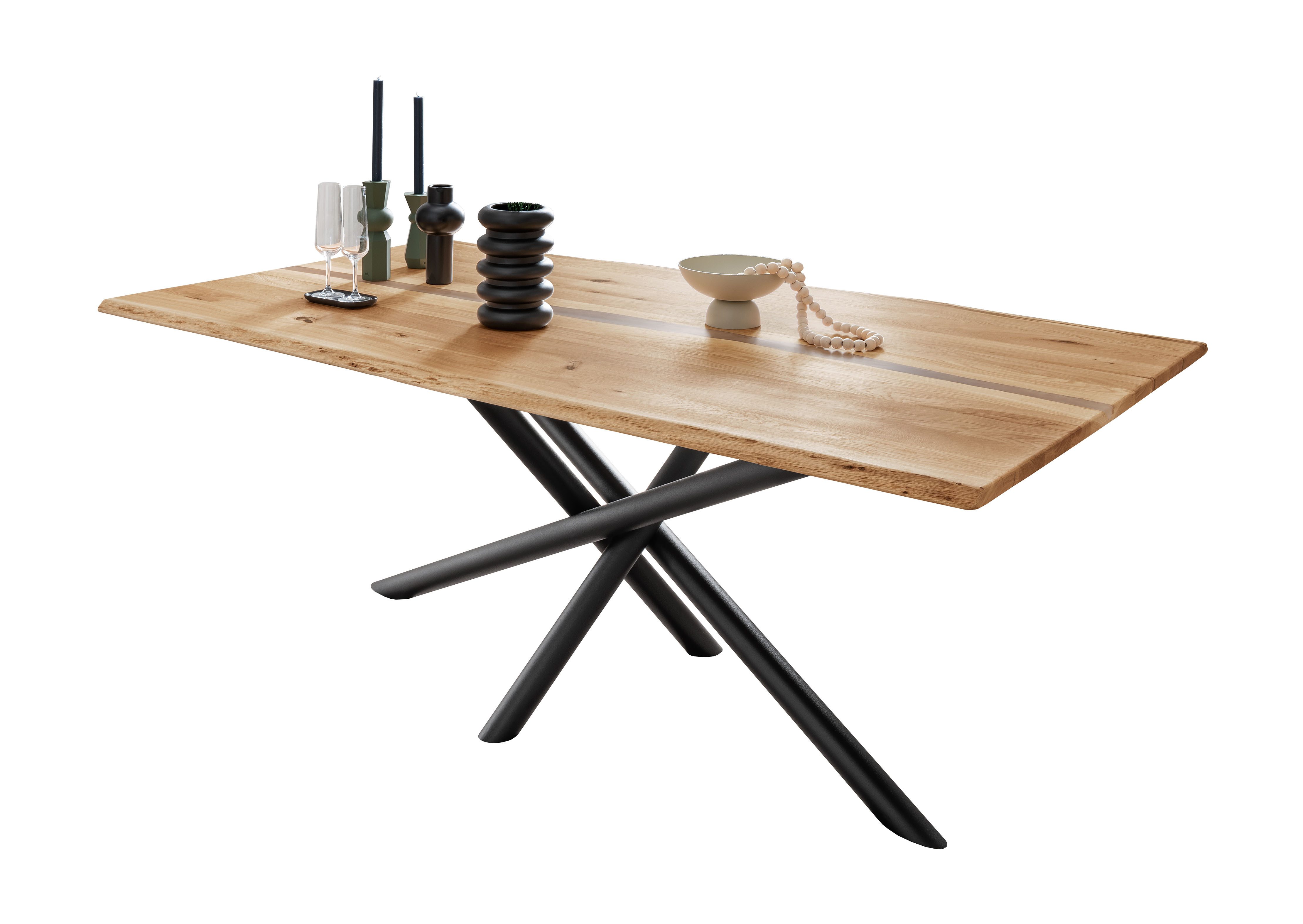 Woodroom Esstisch Gizeh (Spinnengestell 200 × 100 cm), Wildeiche massiv geölt, Baumkante mit Epoxidharz