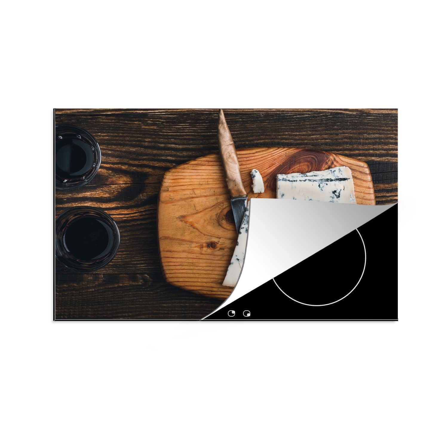 MuchoWow Herdblende-/Abdeckplatte Gorgonzolakäse auf einem Schneidebrett, Vinyl, (1 tlg), 81x52 cm, Induktionskochfeld Schutz für die küche, Ceranfeldabdeckung