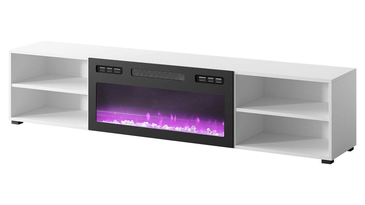 180 Polo (mit Weiß Weiß 180x33x39 TV-Schrank cm / Hochglanz + Elektrische Kamin) Glas, LED-Flamme, Realistische Schwarz Gehärtetes Mirjan24