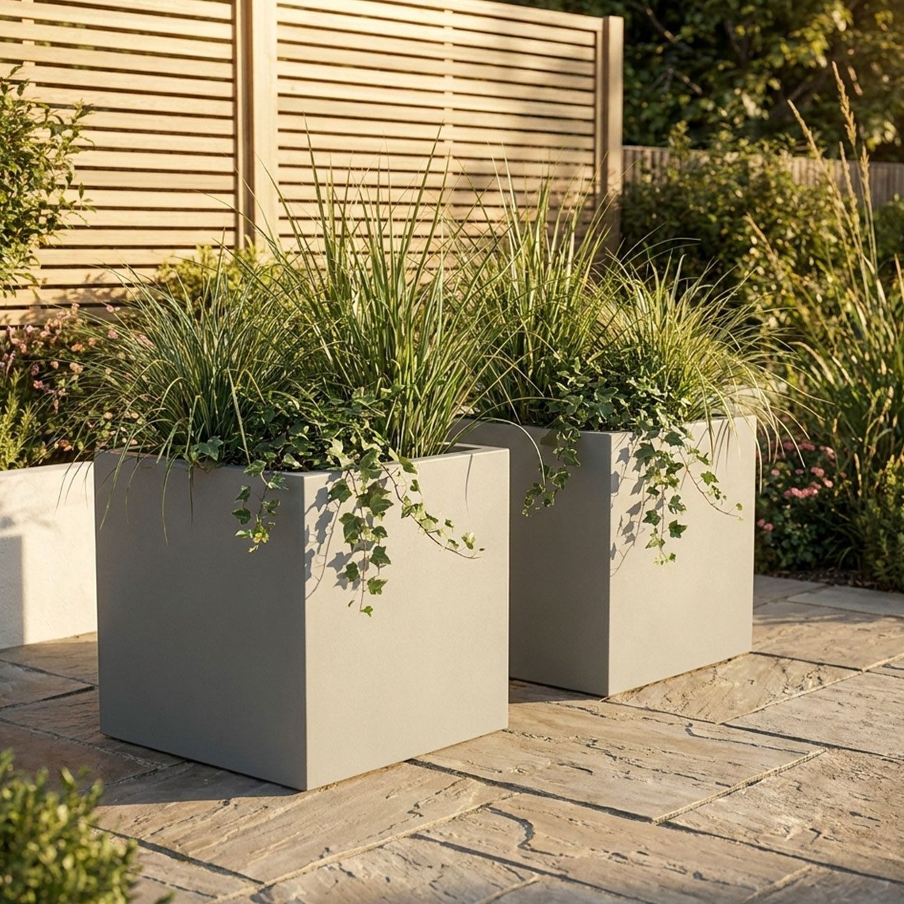 Prosperplast Blumentopf Pflanzkasten Quadratisch 47cm Beton-Grau 51L Kunststoff frostsicher (2 St), Moderner, quadratischer 51L Pflanzkübel – UV-beständig