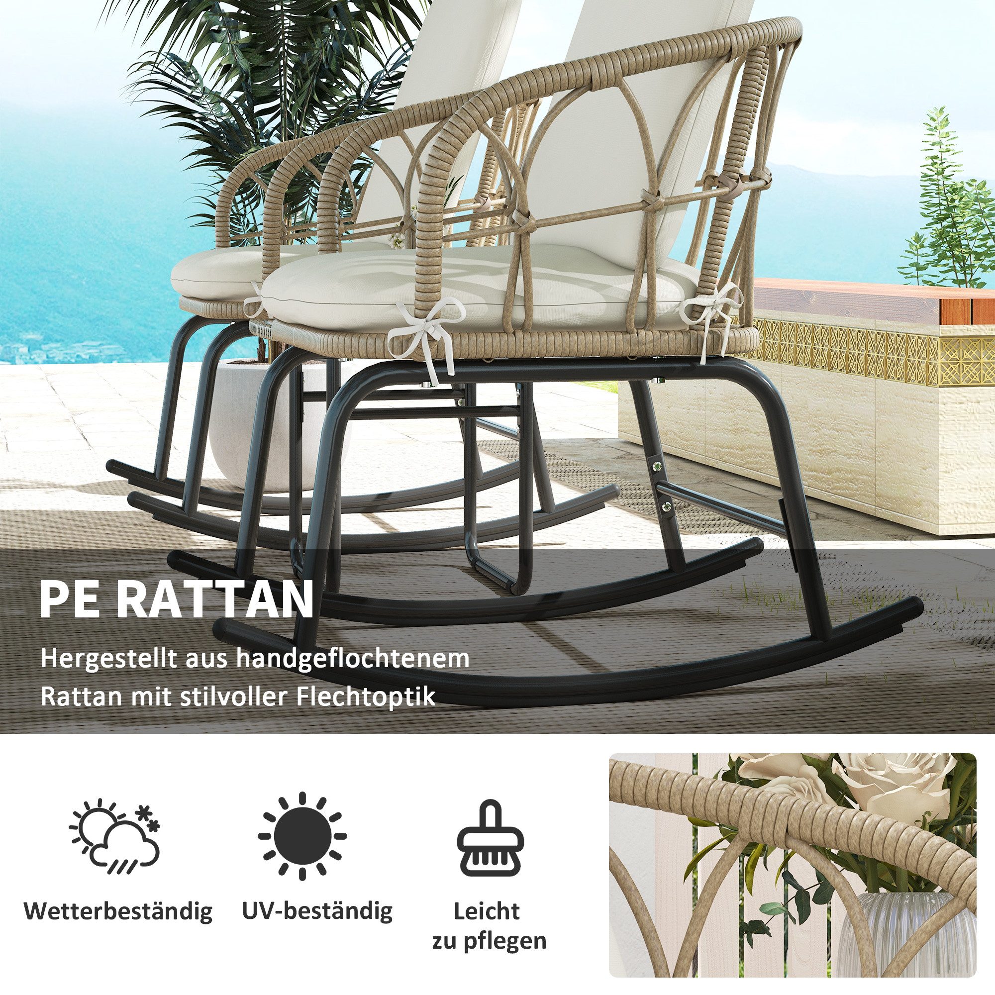 Outsunny Sitzgruppe Schaukelstuhl-Set Rattan, Gartenmöbel-Set mit 1 Couchtisch, (Gartensitzgruppe, 3-tlg., Gartengarnitur), mit Kissen, für Balkon, Terrasse, Cr – Bild 5 von 5