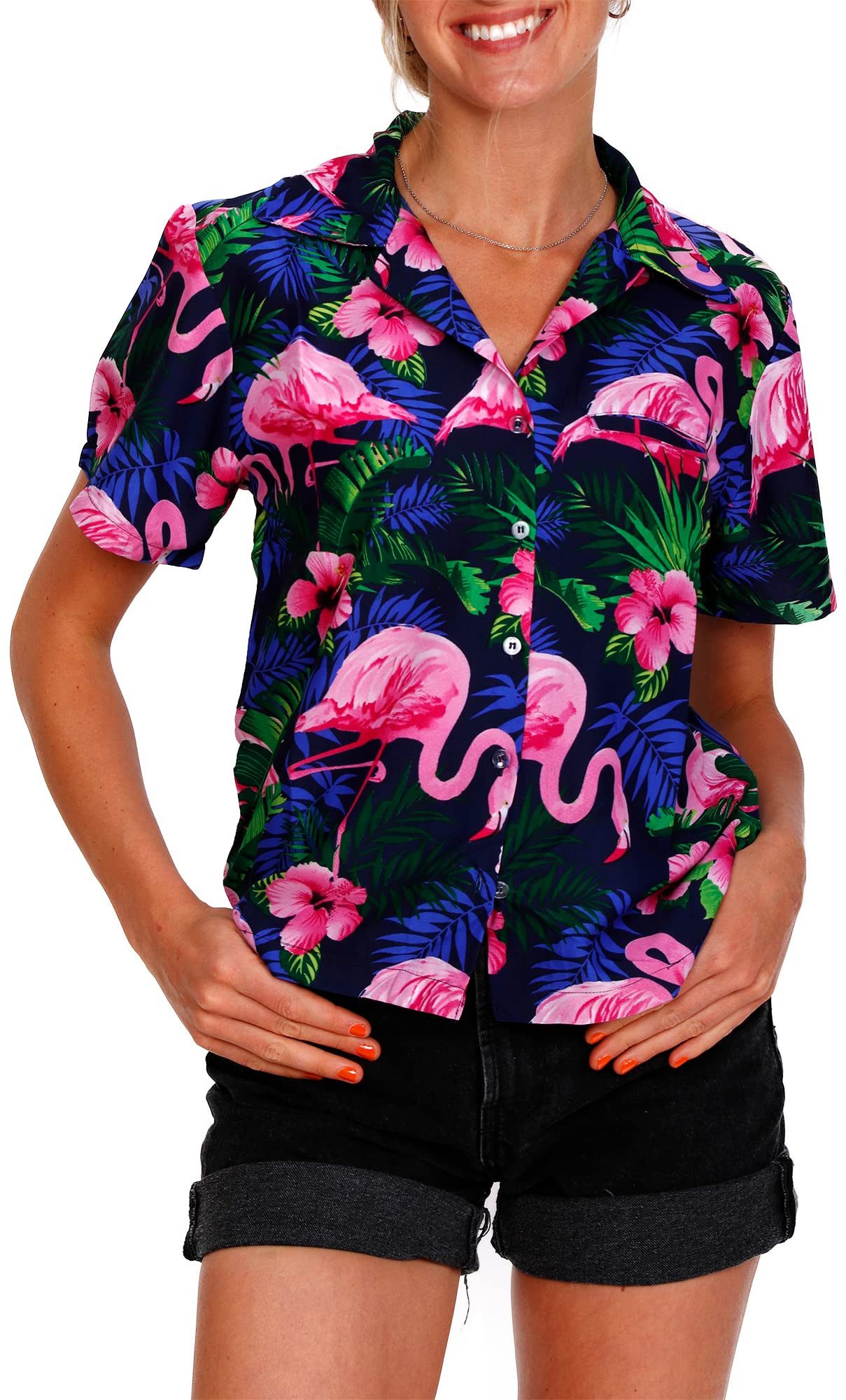 King Kameha Hawaiihemd Flamingo Flowers Funky Hawaiibluse Damen Kurzarm Front-Tasche Stylish