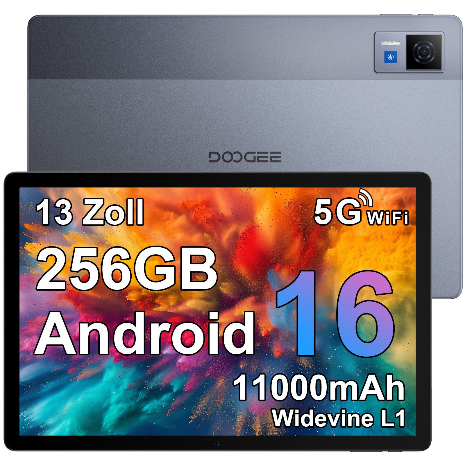 DOOGEE U13 Android 16, 32GB RAM+256GB ROM (2TB TF), 11000mAh Tablet (13", 256 GB, Android 16, 13MP+5MP, 5G WiFi, Widevine L1, GPS, Face ID, OTG)