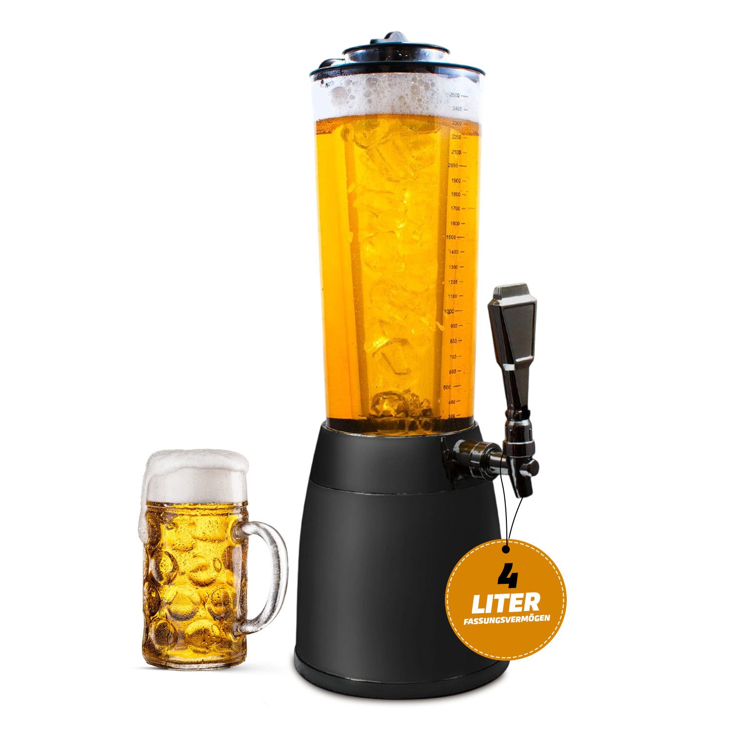 Goods+Gadgets Getränkespender Bier Zapfanlage 4L –XXL Getränkespender mit Eis-Kühlung & Zapfturm, Biersäule Trinksäule Getränkesäule mit Eiskühlung