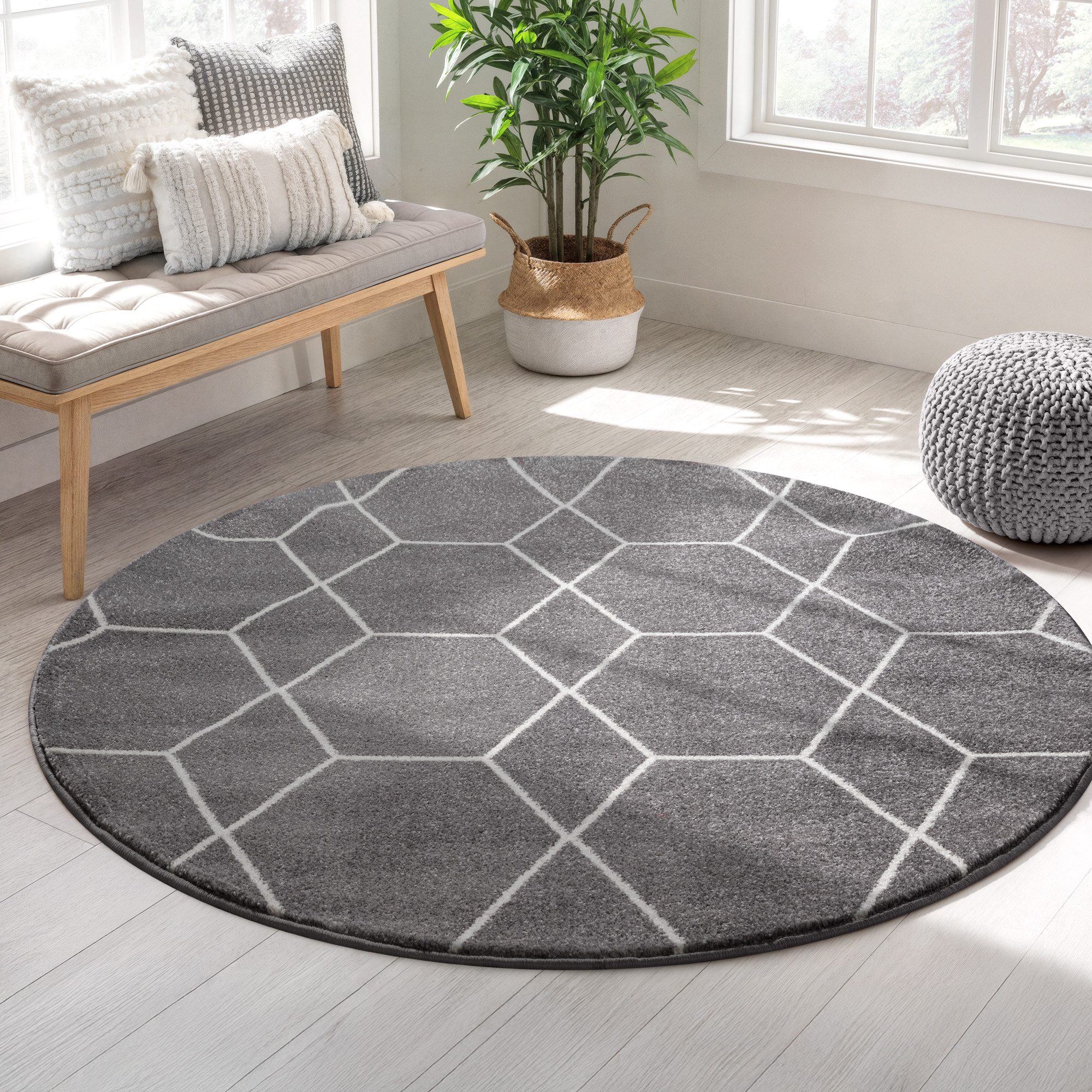 Sanat Teppich Trellis, auch als Läufer und Rund, rund, Höhe: 10 mm, Kurzflor, skandi, boho, große Farbauswahl, alle Räume