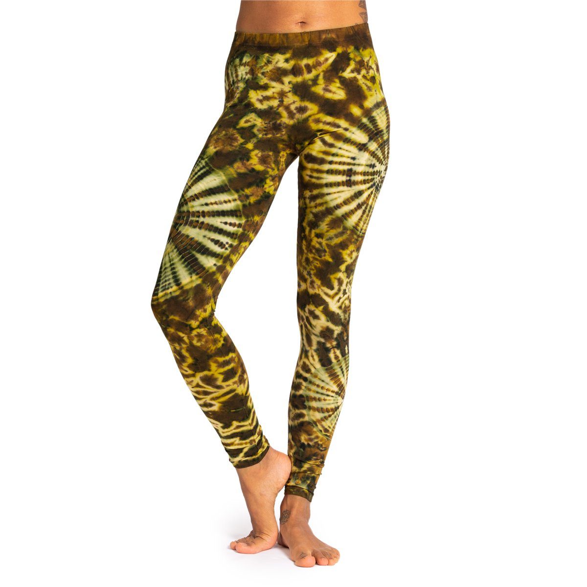 PANASIAM Leggings Unikat Batik Leggings 'Sonne' aus natürlicher Viskose Goa Hose im Batik Look Yogaleggings Sporthose Sportleggings lange Leggings CS04 Olivengrünton