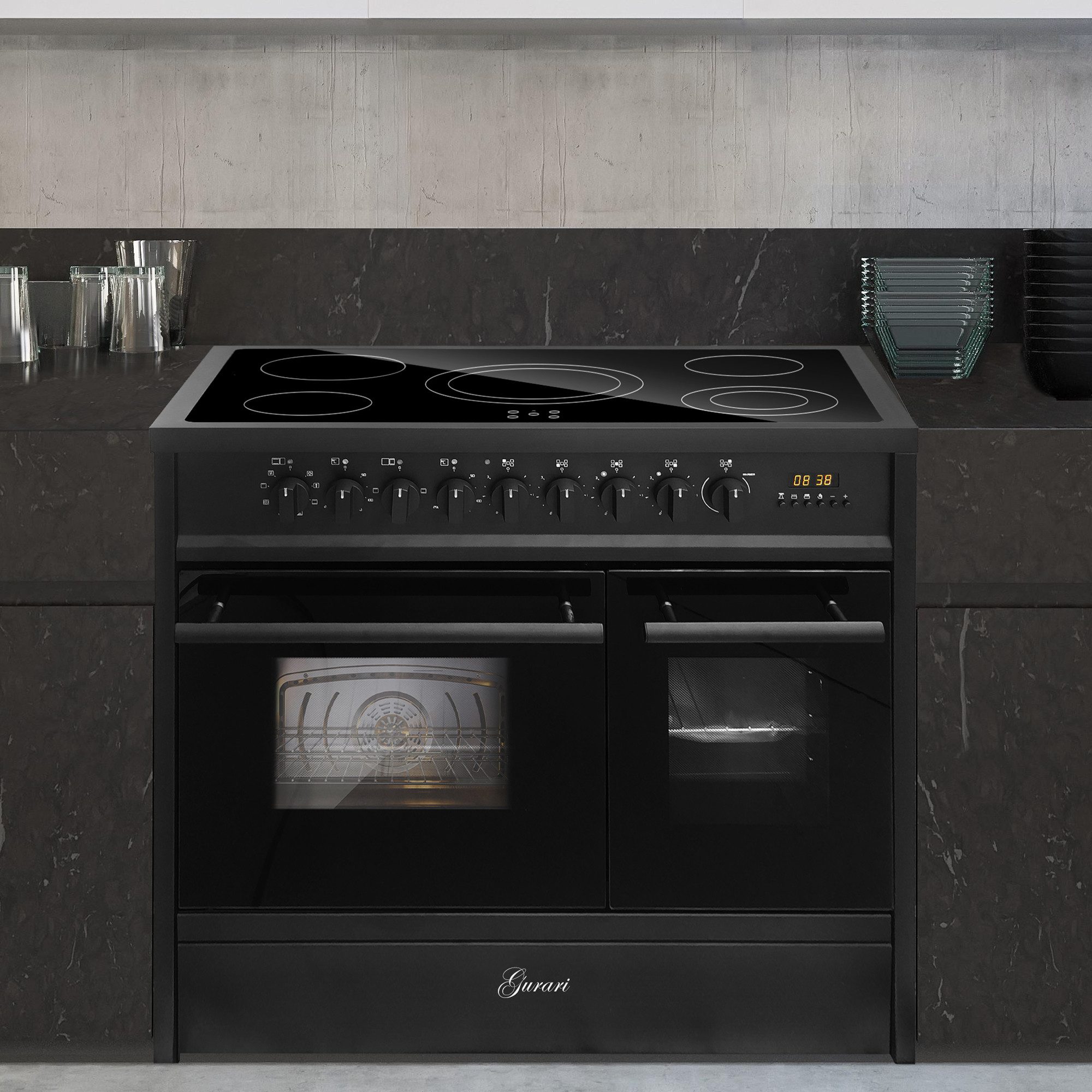 GURARI Elektro-Standherd 90 cm Retro Herd Freistehend, Schwarz, Multi 8 Doppelbackofen GCH E 912 DF BL., mit 1-fach-Teleskopauszug, Easy-Clean Emaille, Range Cooker mit Glaskeramik Kochfeld, 5 Hi-Light Zonen