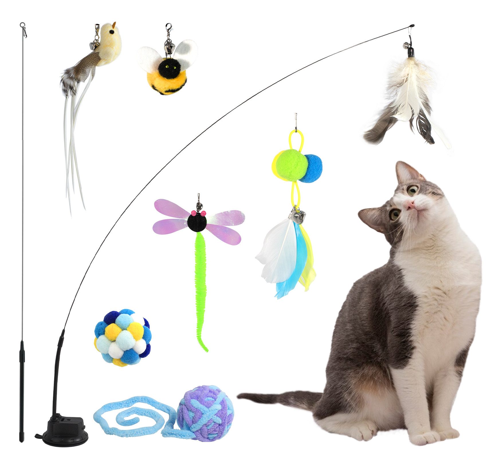 Tier-Beschäftigungsspielzeug 10 Stück Katzenspielzeug Set, mit Saugnapf Katzenstab