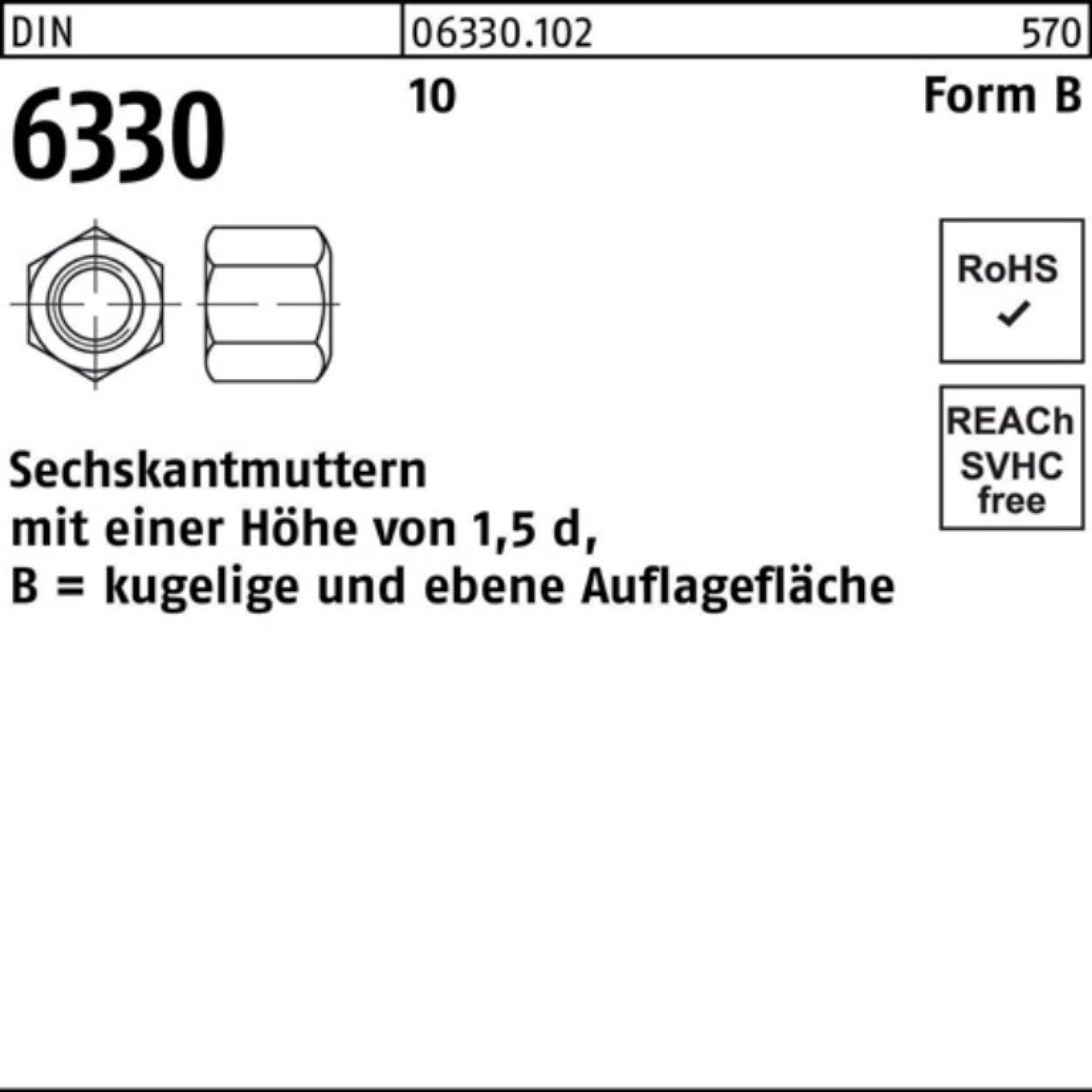 46 6330 1 Muttern Pack SW Sechskantmutter BM 100er Reyher 30 Stück 10 DIN DIN FormB