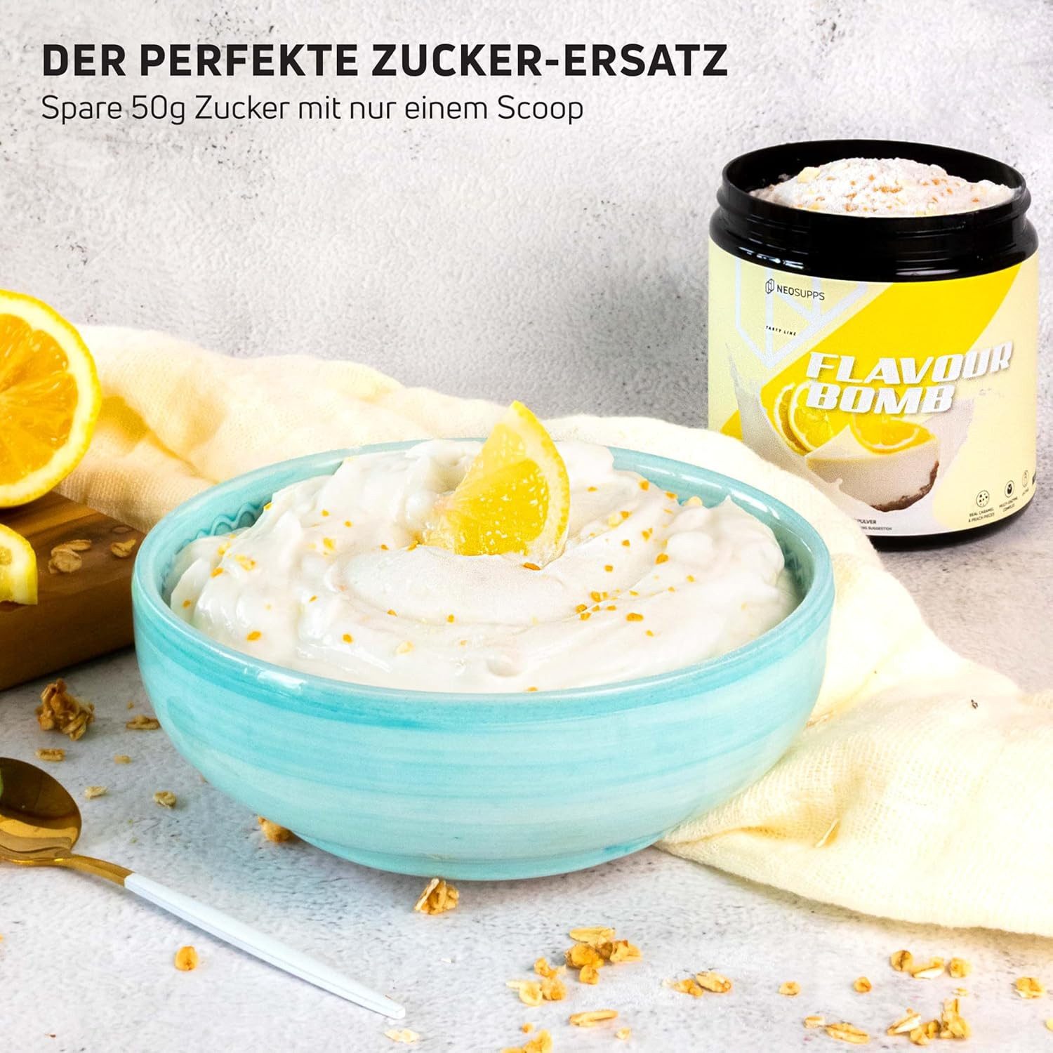 Neosupps Geschmackspulver, Lemon Cheesecake 250g, Kalorienarm & zuckerreduziert Pulver, 250 g, einsetzbar für Lebensmittel & Getränke, geprüfte Qualität
