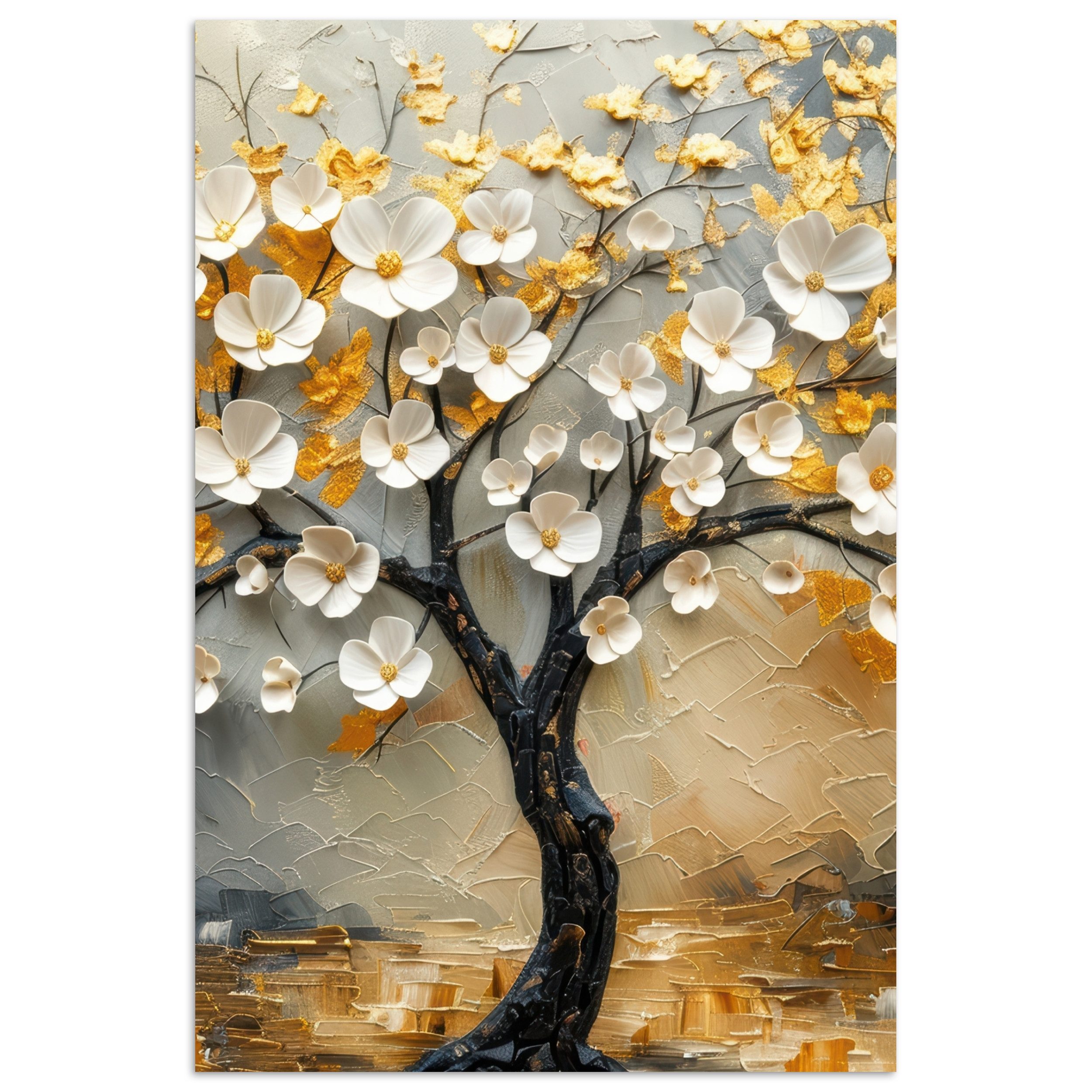 Poster Baum - Blumen - Gold - Beige