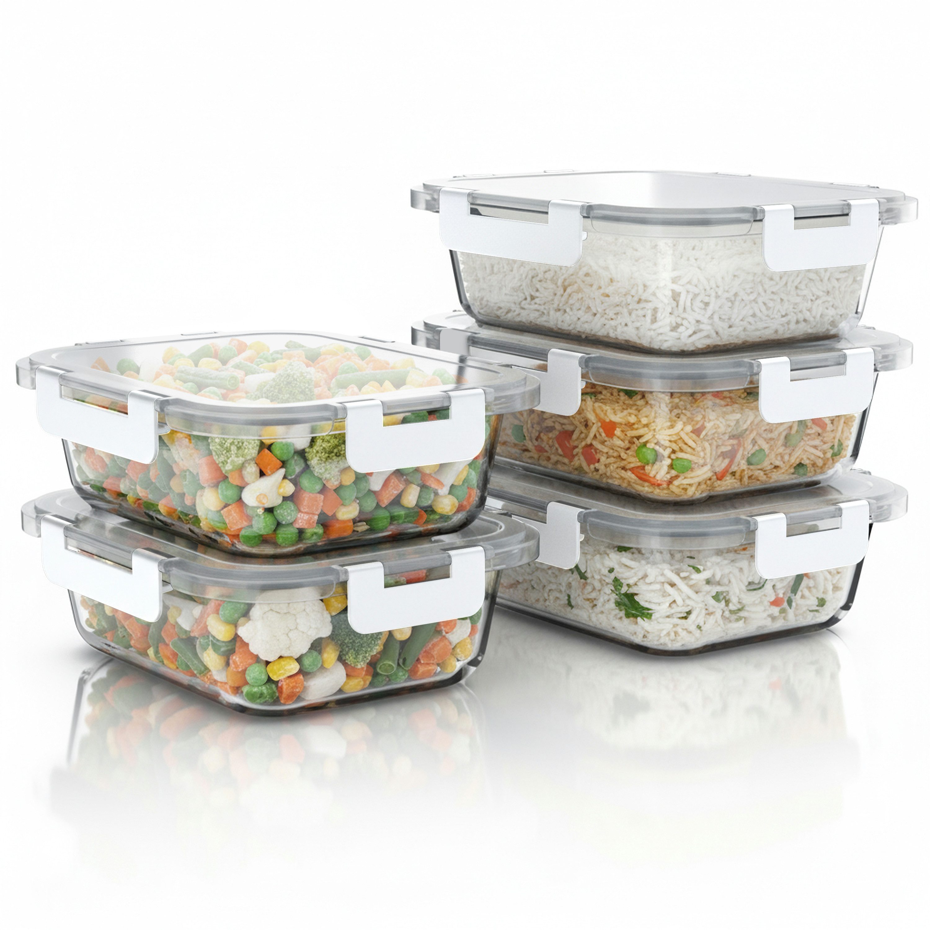 Arendo Frischhaltedose 5er Set, Deckel weiß, Glasbehälter, Vorratsdosen, Lunchbox, luftdicht, Borosilikatglas; Kunststoff, (5-tlg), Mikrowellen-, Ofen-, Gefrier- & spülmaschinengeeignet, Klickverschluss
