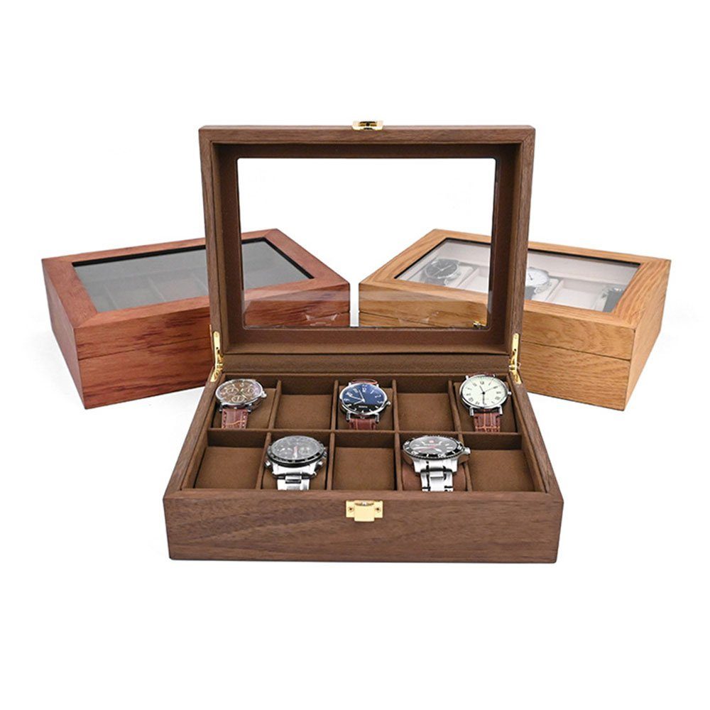 FELIXLEO Schmucketui Uhrenbox mit Uhren Uhrenaufbewahrung Geschenk 10 Holz Glasfenster