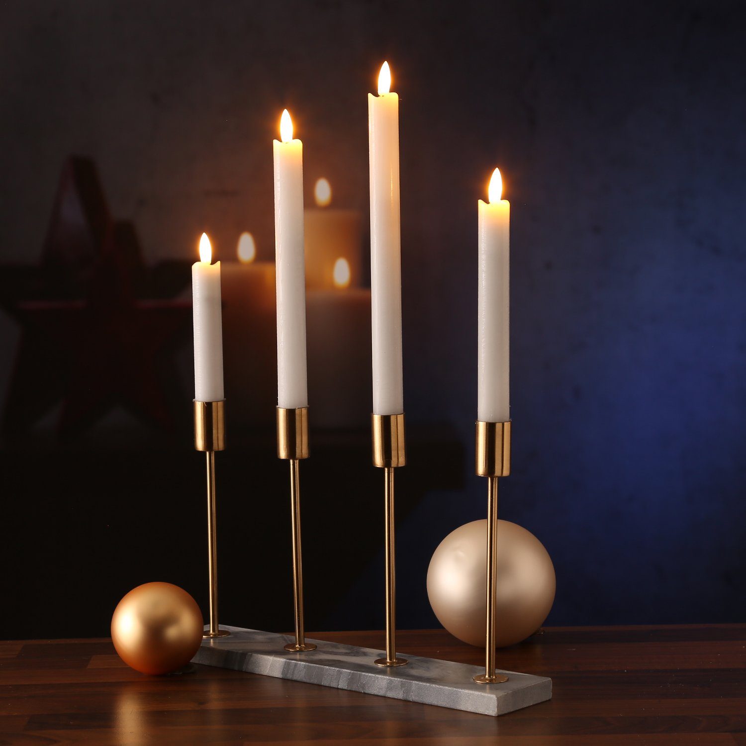 MARELIDA Kerzenhalter Stabkerzenhalter Kerzenständer Marmor Kerzenhalter  Advent Weihnachten (1 St), Goldfarbene Kerzenhalterung