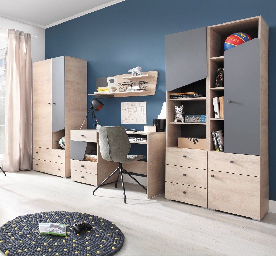 QMM TraumMöbel Jugendzimmer-Set komplett Davis Set A, (Set, 5-tlg., Schrank, 2 Regale, Schreibtisch & Wandregal), Modern