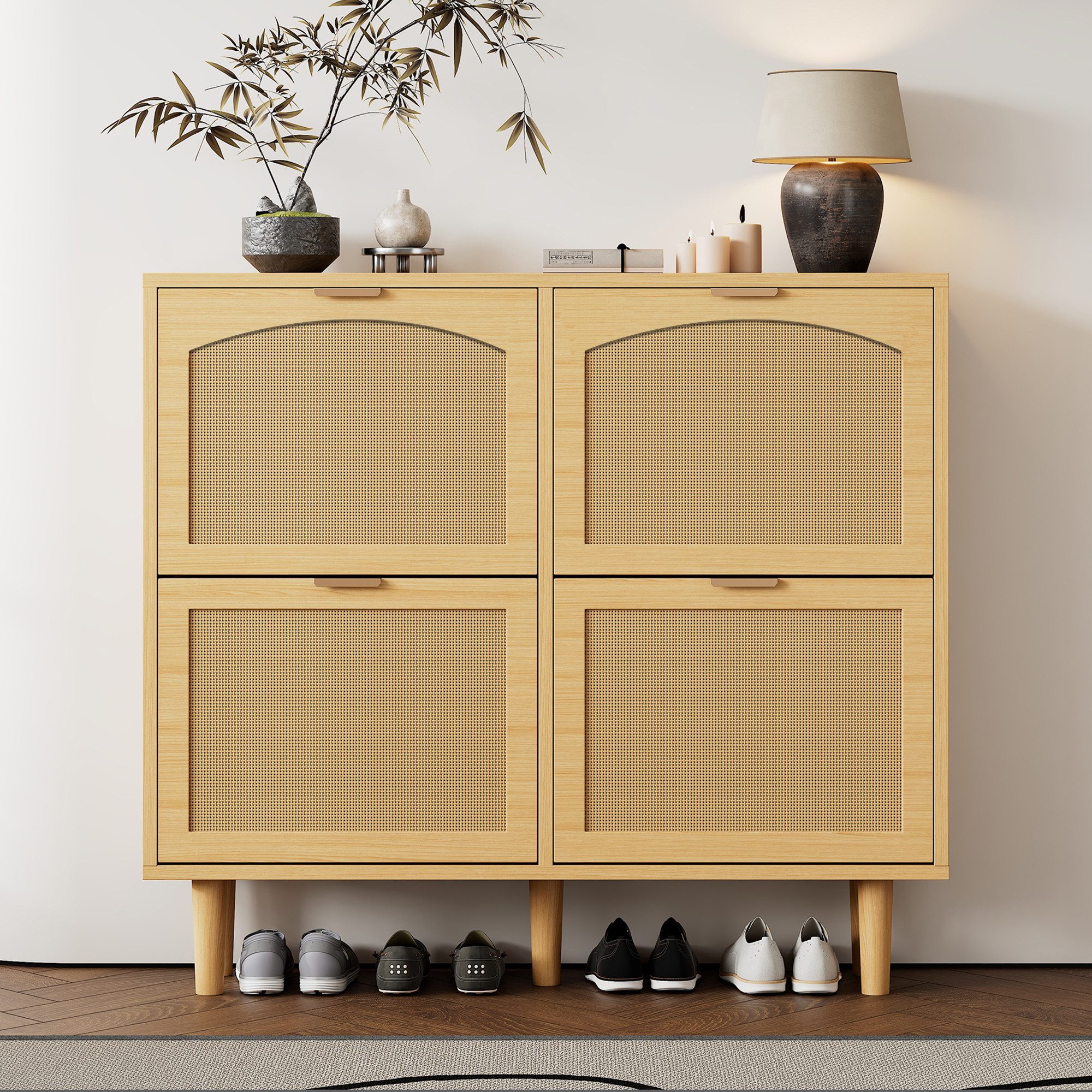 KLAM HOME Schuhschrank Schuhkommode aus Rattan mit Metallgriffen und 4 Klappschubladen (Holzmöbel, Landhausstil, Maße: 100 x 25 x 90 cm) Schuhregal für Flur, Sc – Bild 4 von 5