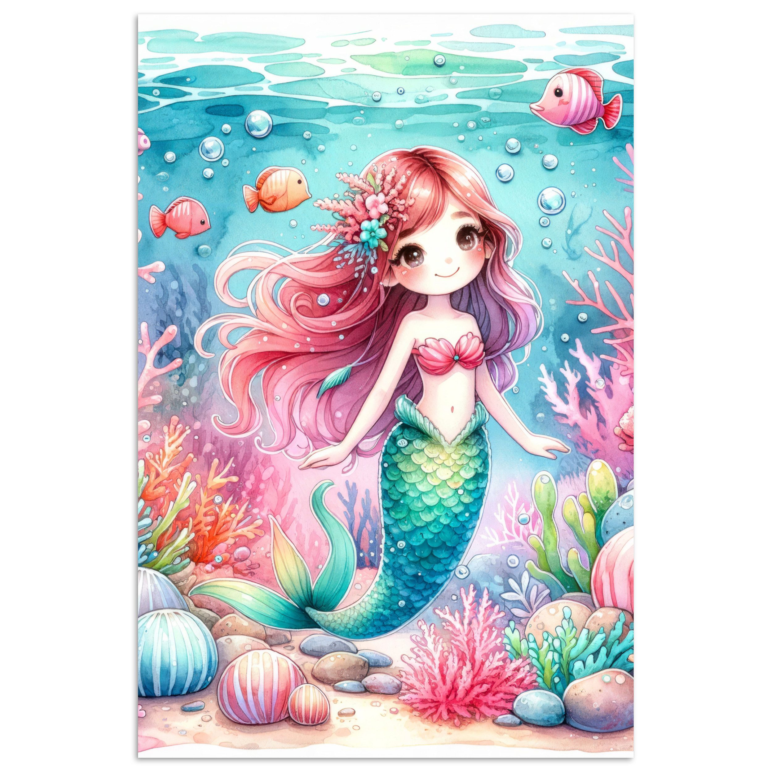 MuchoWow Poster Meerjungfrau – Bunt – Unterwasser – Meerestiere – Fische, (1 St)