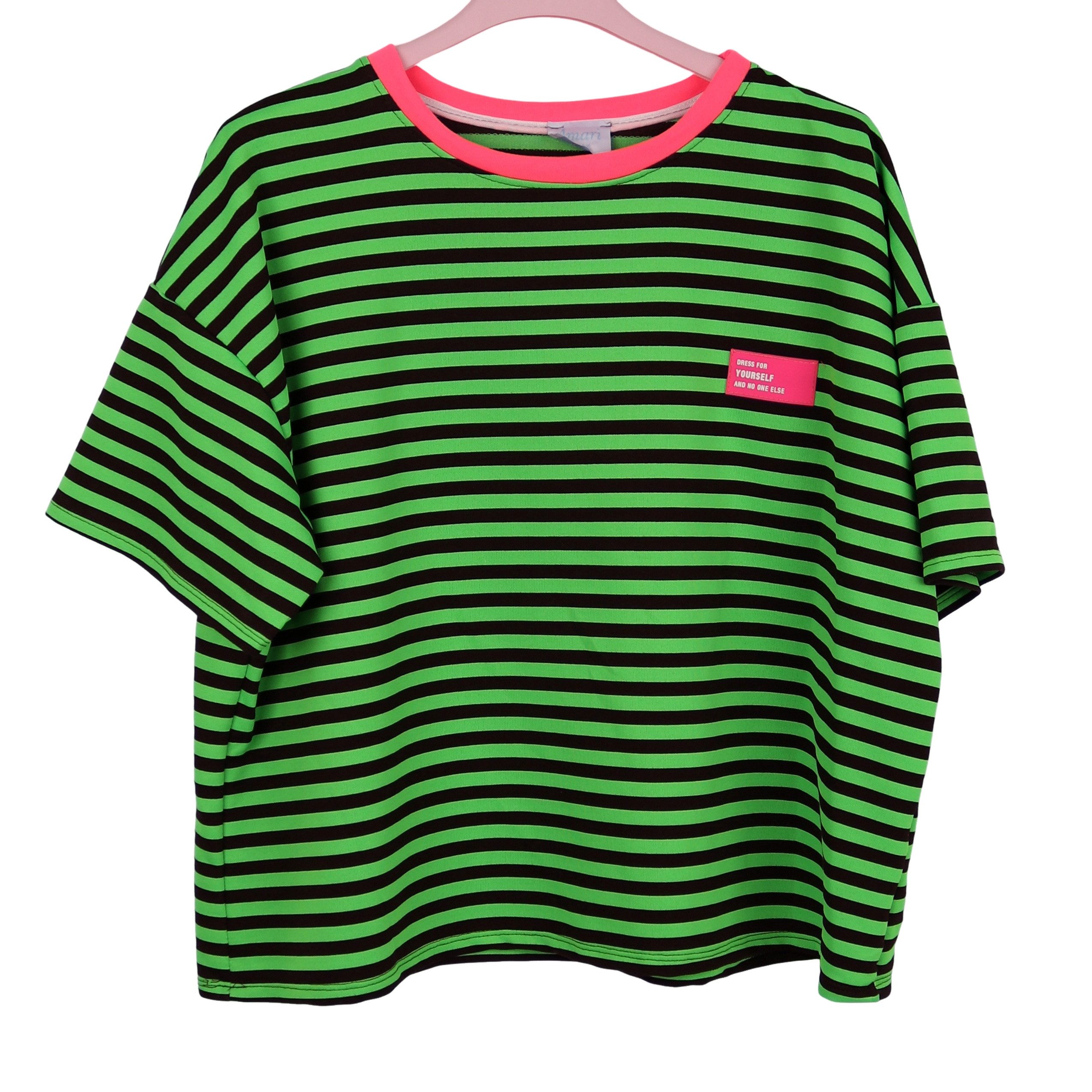 MIRROSI Sweatshirt Damen Kurzarm T Shirt Oversize Neonfarben Streifenmuster Ringelshirt, One Size Passform (ca. Gr. 34–40); Made in Italy