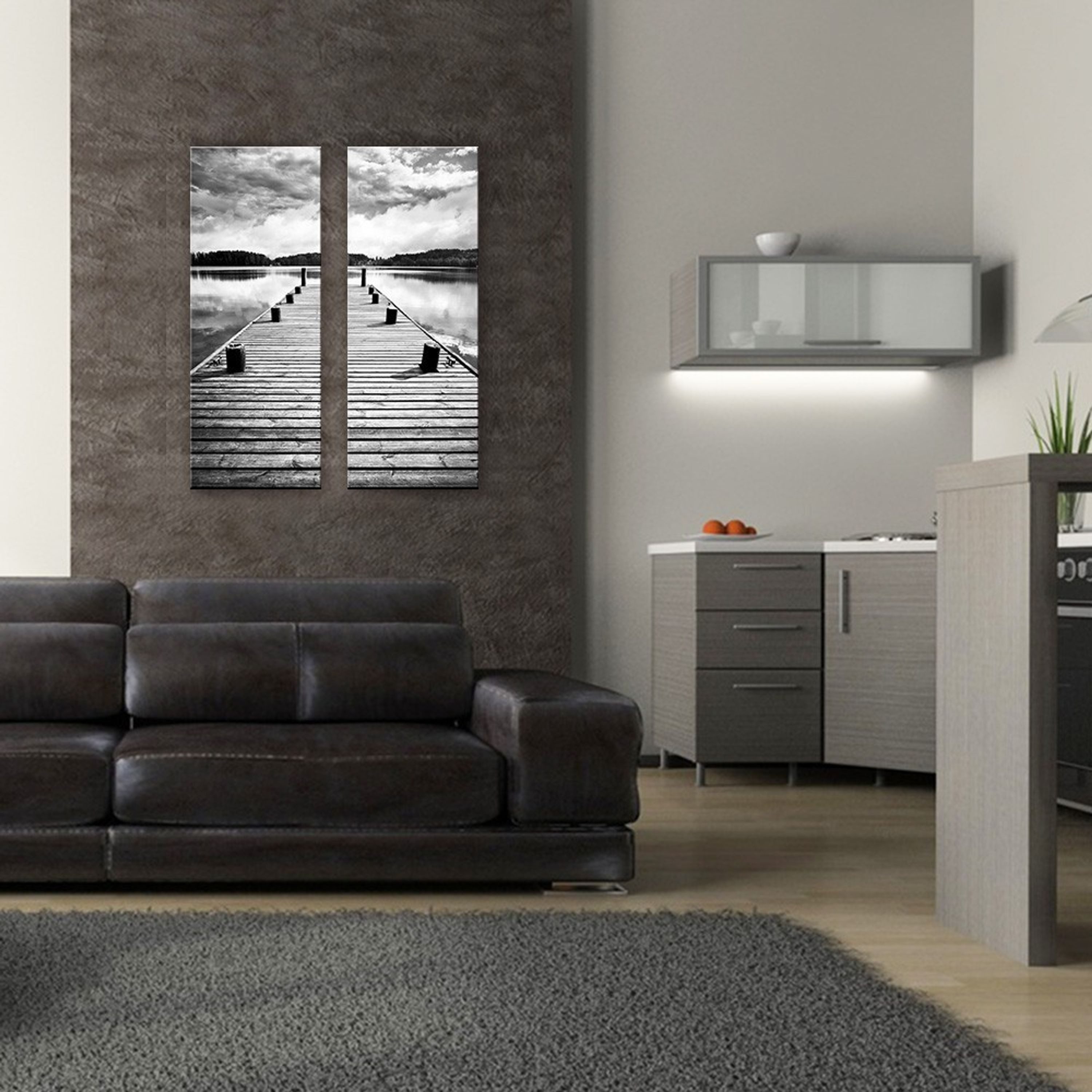 artissimo Glasbild Bild aus Glas 30x80 cm / Wandbild Hochformat / Wanddeko modern, Strand und Meer: Steg am See in Schwarz-Weiß