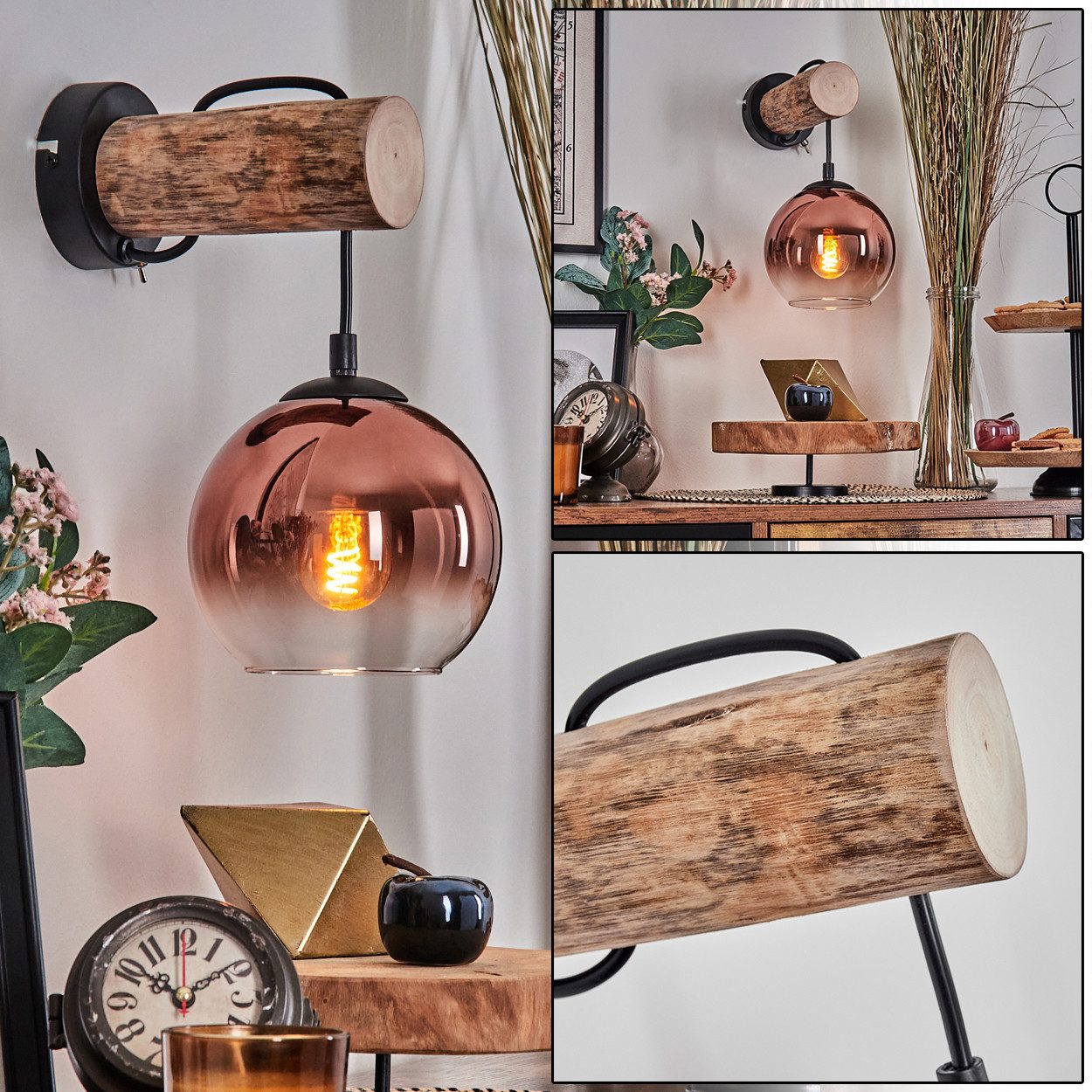 hofstein Wandleuchte Wandlampe aus Holz/Metall/Glas in Schwarz/Natur/Kupfer/Klar, ohne Leuchtmittel, Glasschirm (15cm), mit An/-Auschalter, 1 x E27, ohne Leuchtmittel