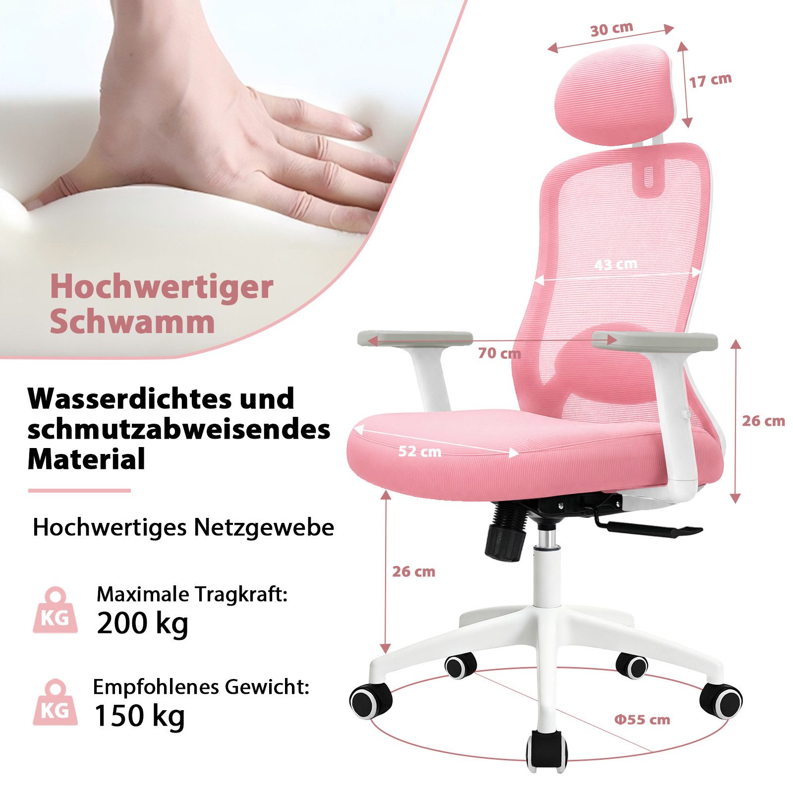 Milacyee Bürostuhl Chefsessel Wippfunktion 200kg belastbar ergonomisch,Bürostuhl (Verstellbare und feststellbare Lendenstütze + Kopfstütze + höhenverstellbare A – Bild 4 von 5