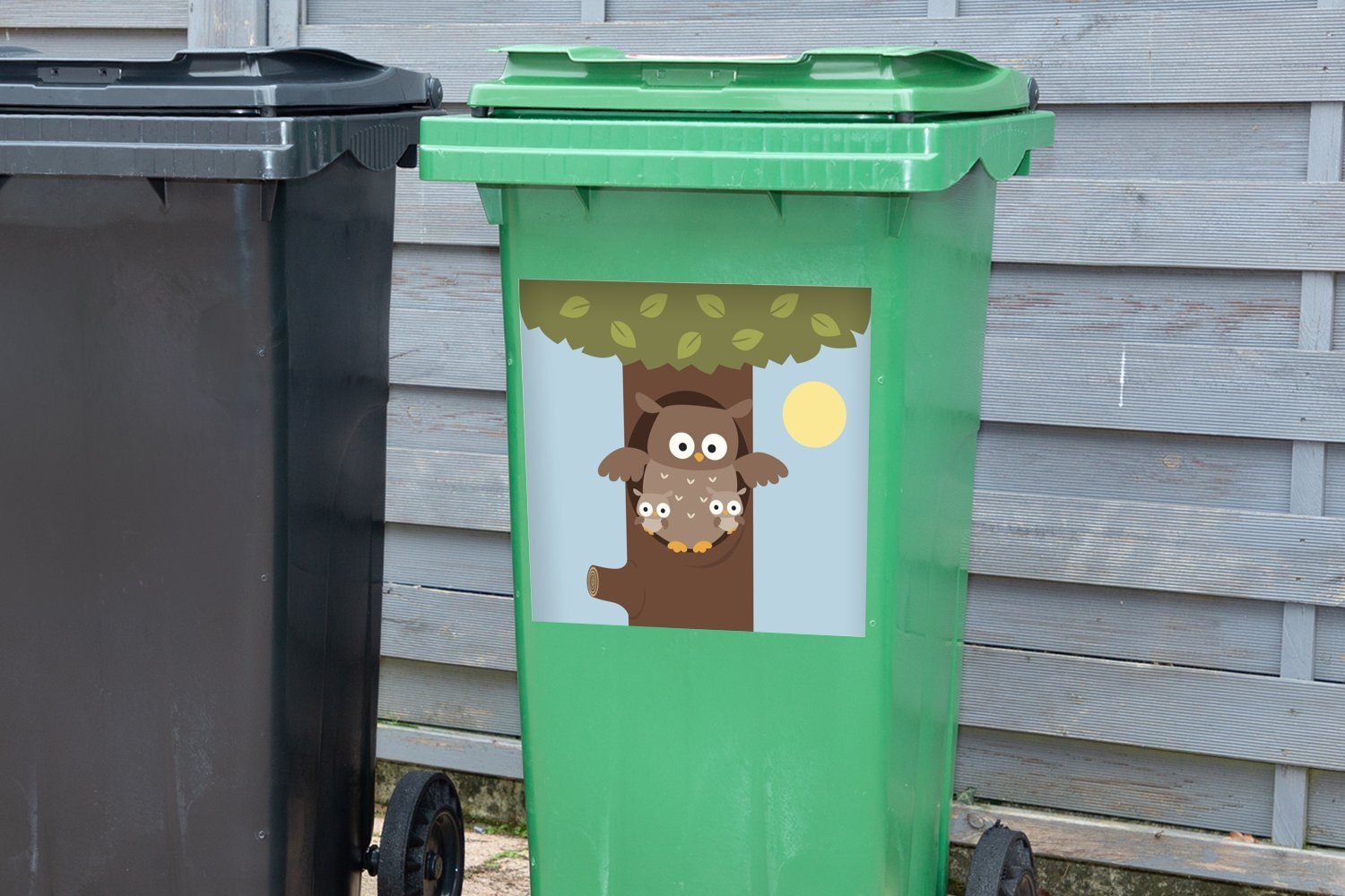 und Illustration (1 ihrer Sticker, Container, einer Eule Mülleimer-aufkleber, Wandsticker St), Familie Abfalbehälter Mülltonne, MuchoWow