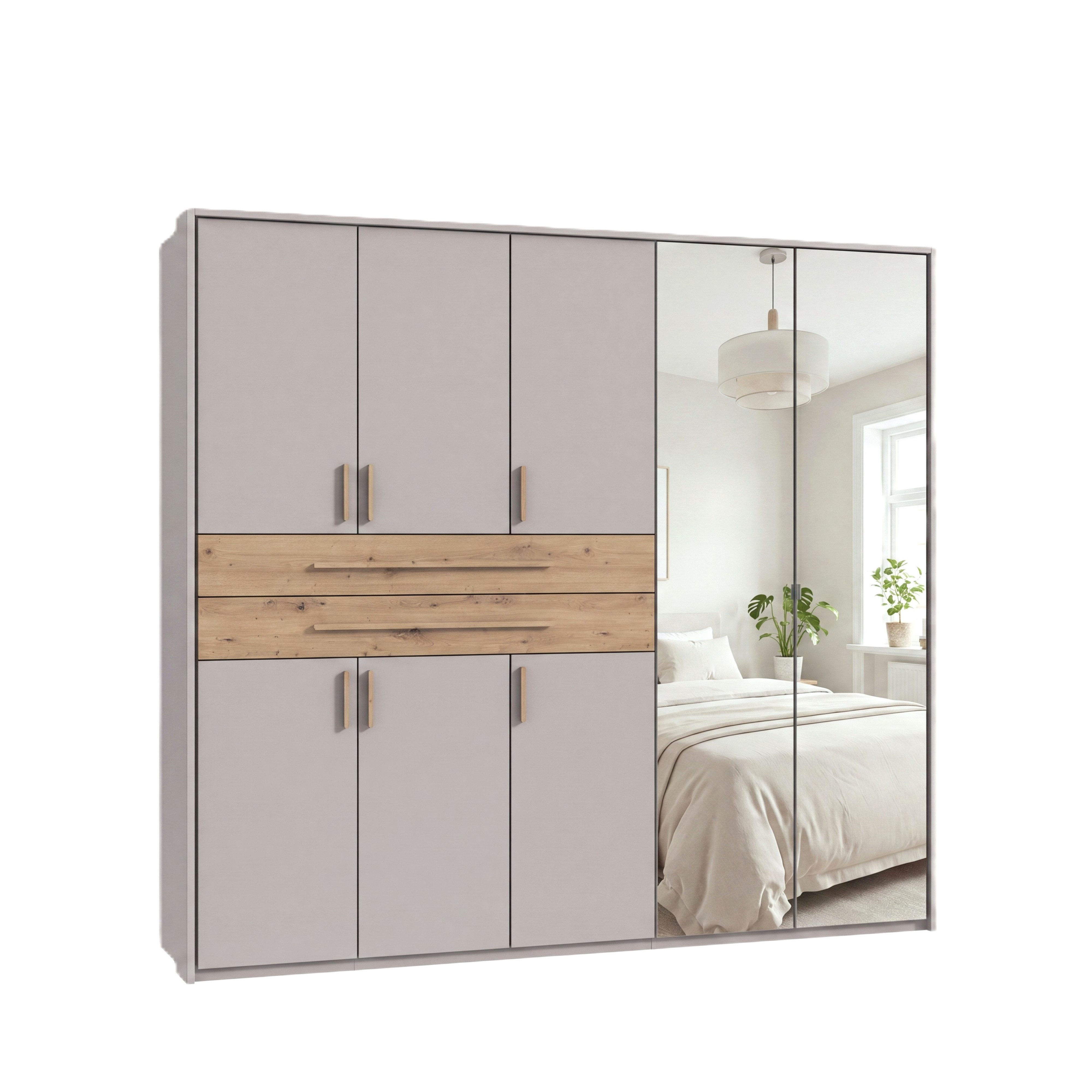 luma-home Drehtürenschrank 22639 (Kleiderschrank mit rechts 2 großen Spiegeln und Passepartoutrahmen) B228/H210/T58 cm Beige Grau, Schubkästen & Griffe Eiche Artisan Dekor 