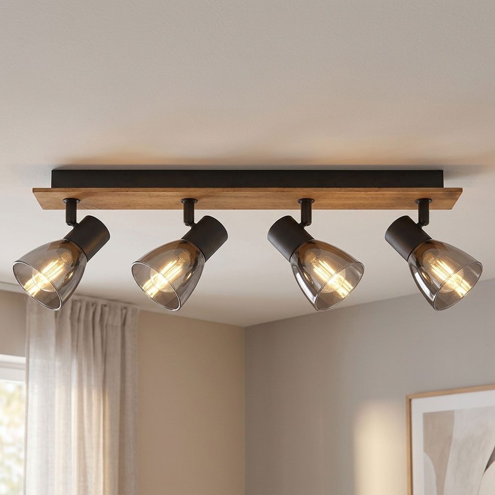 GLOBO LIGHTING Deckenspot, Leuchtmittel nicht inklusive, Spotleuchte Deckenlampe 4 Flammig Holz schwarz Rauchglas beweglich