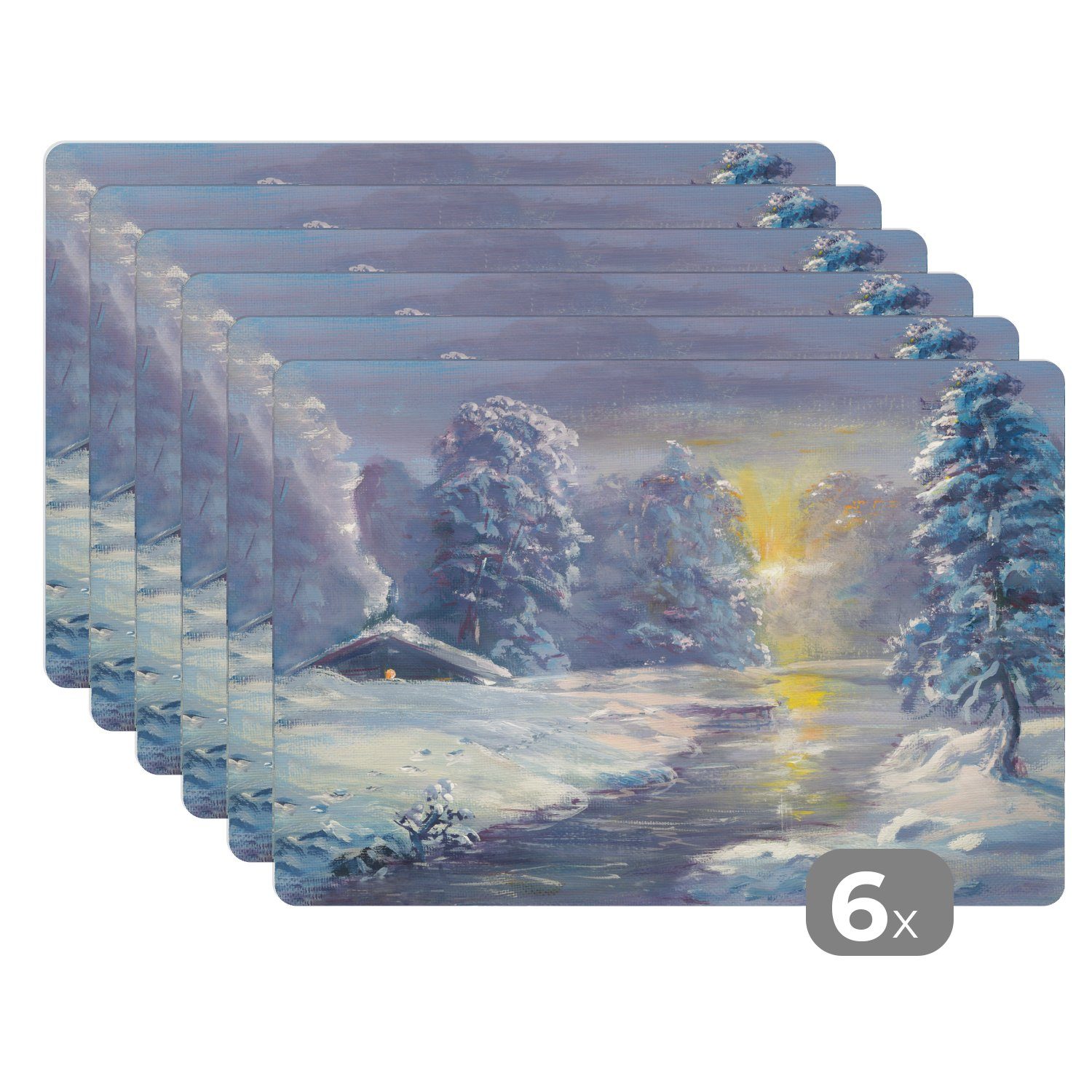 Platzset, MuchoWow, Tischmatten, Illustration (6-St), Winterwaldes, Eine Schmutzabweisend eines Platzdecken, Platzset, Platzmatte,