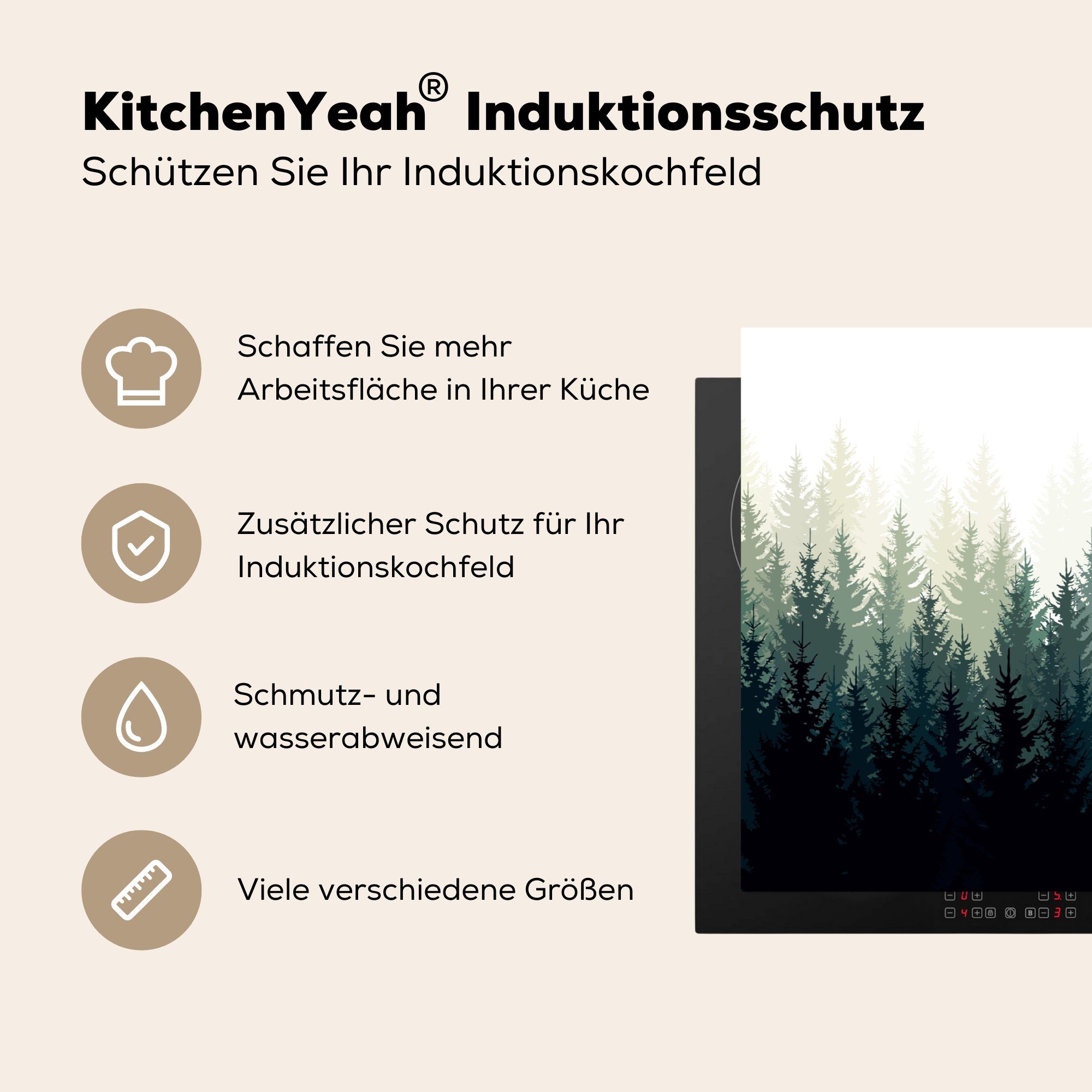 - Vinyl, Illustration, Bäume küche tlg), (1 83x51 Wald für Arbeitsplatte Herdblende-/Abdeckplatte Ceranfeldabdeckung, - cm, MuchoWow