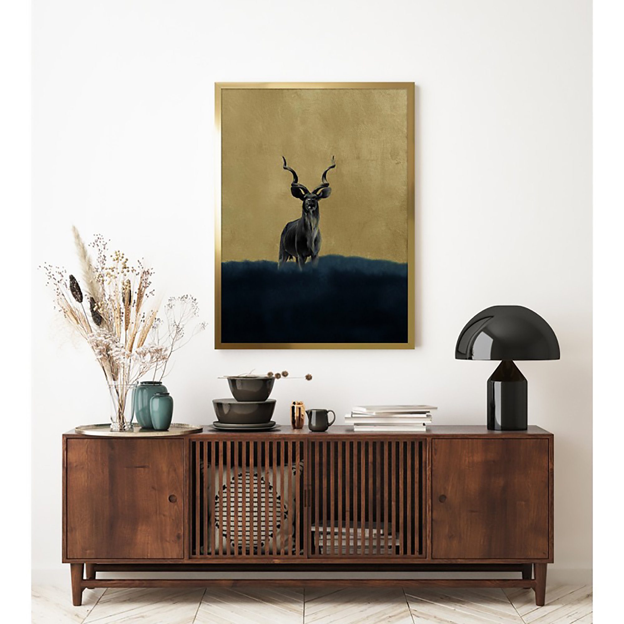 Hintergrund mit goldener Antilope Home gemalt mit Rahmen Ideas Hirsch Wandbild Cosy laminiert (Stück), Hirsch, Kudu Bild Kudu Rahmen, Wanddeko