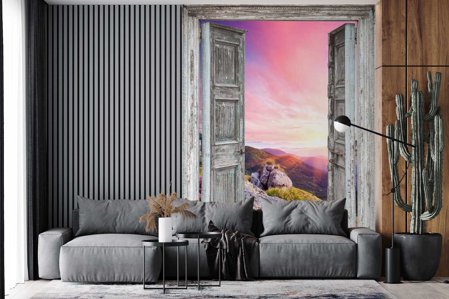 Wandtapete (4 Wohnzimmer, - MuchoWow Berge - Landschaft Blumen, bedruckt, Vinyl Tapete für - Montagefertig Aussicht Matt, Fototapete St),