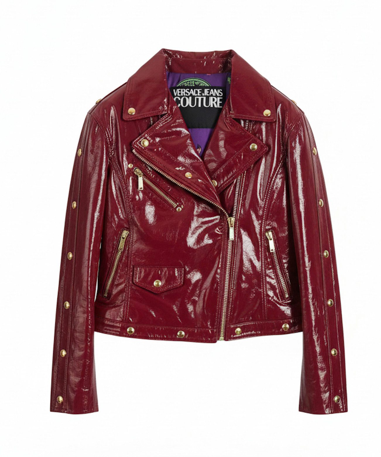 Versace Lederjacke Jeans Couture Leder Bikerjacke Damen Innenfutter mit auffälligem Baroque-Print in Multicolor