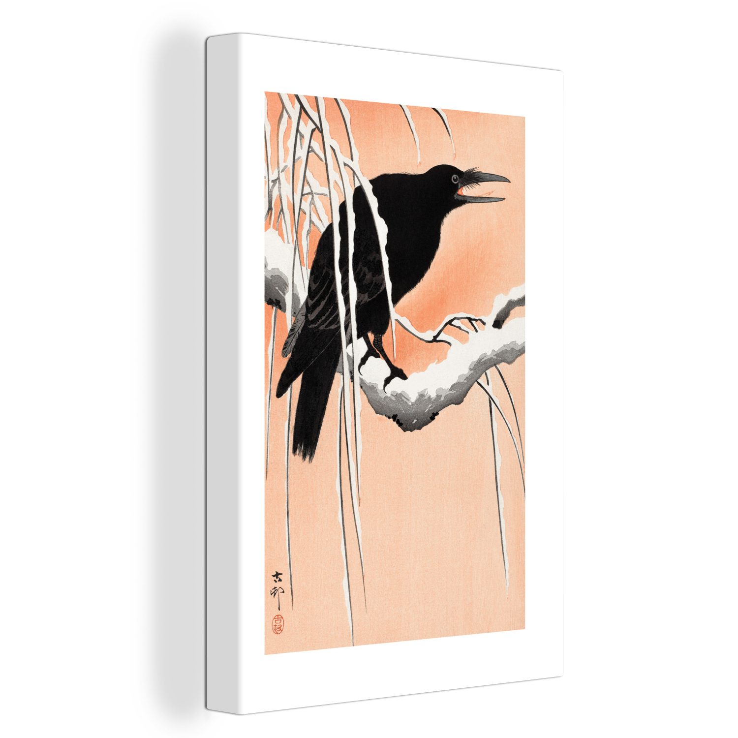 OneMillionCanvasses® Leinwandbild Krähe - inkl. bespannt Zackenaufhänger, (1 fertig Leinwandbild St), Gemälde, Zweig Skandinavisch Japanisch - Vintage, - cm - 20x30