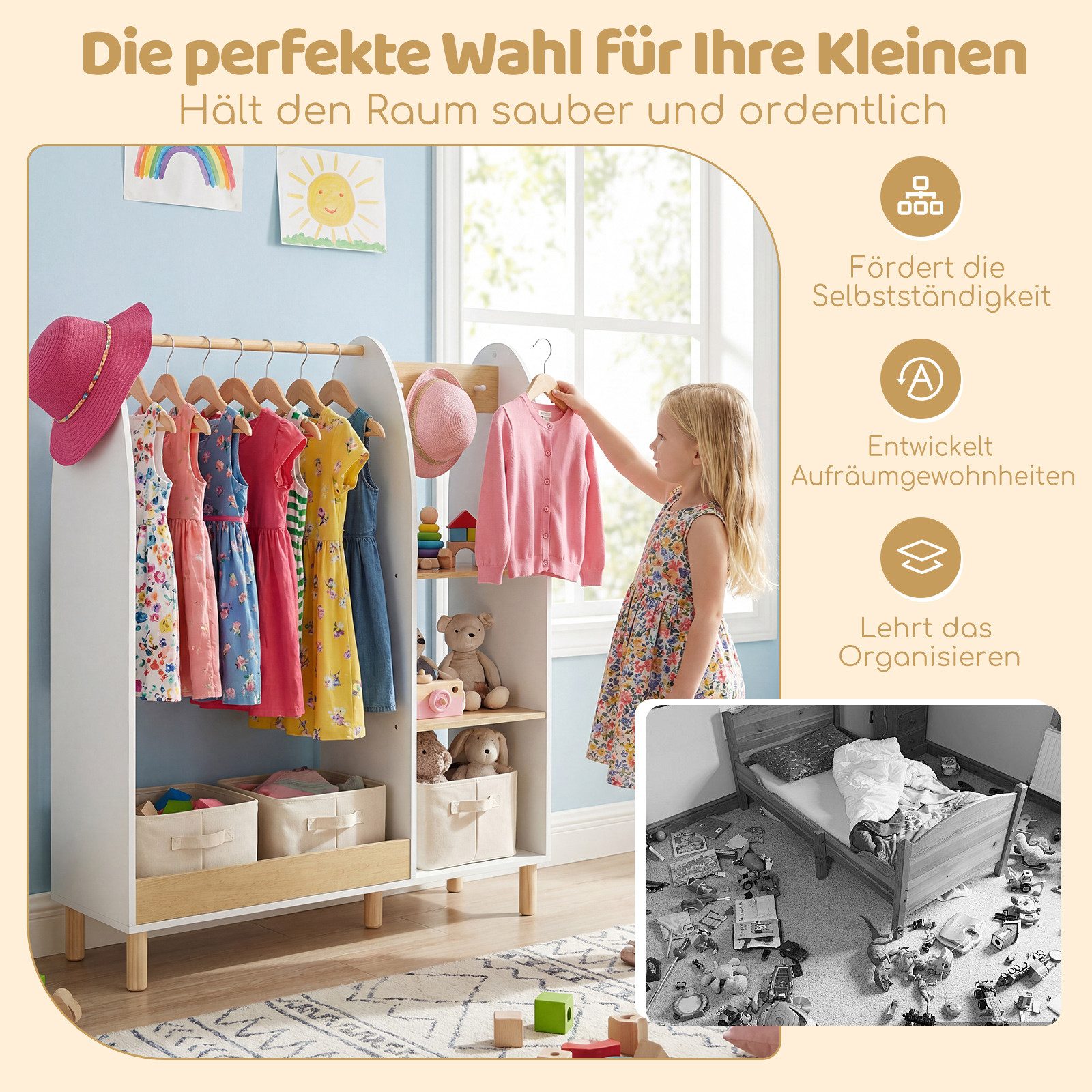 COSTWAY Kleiderständer, Mit Spiegel, Garderobe, Regalen & Haken für Kinder
