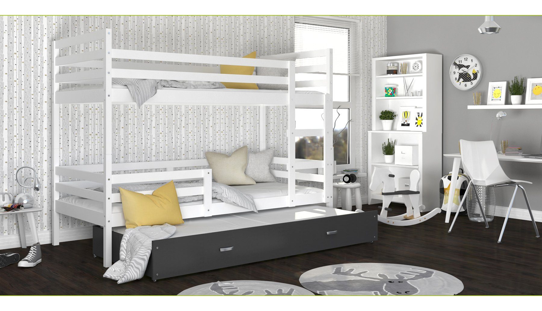 Siblo Kinderbett Jerry 3 (Flexibler Sicherheitsbarriere), Möbelplatte Bett Lattenrost, Schublade, Massivholz, Grau und Weiß