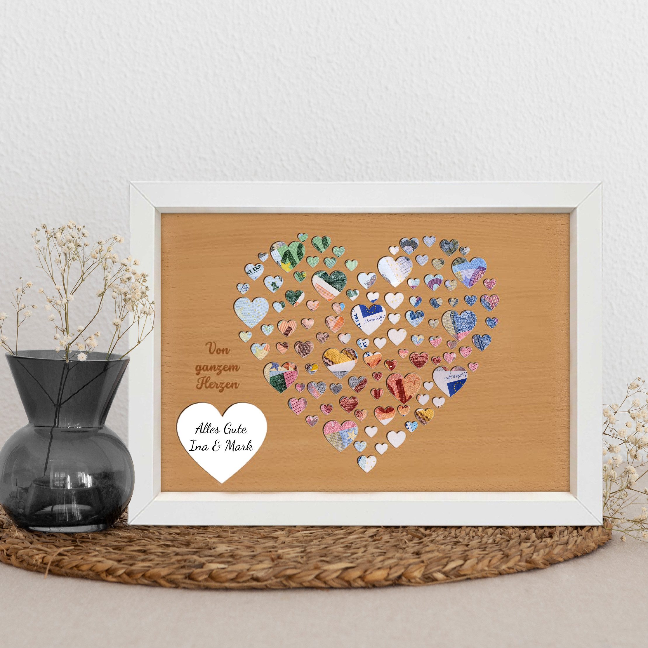 Namofactur Bilderrahmen Hochzeit Geldgeschenk "Von ganzem Herzen" Bilderrahmen Geld verpacken, für 1 Bilder, Hochzeitsgeschenk gerahmte Hochzeitskarte Glückwunschkarte aus Holz