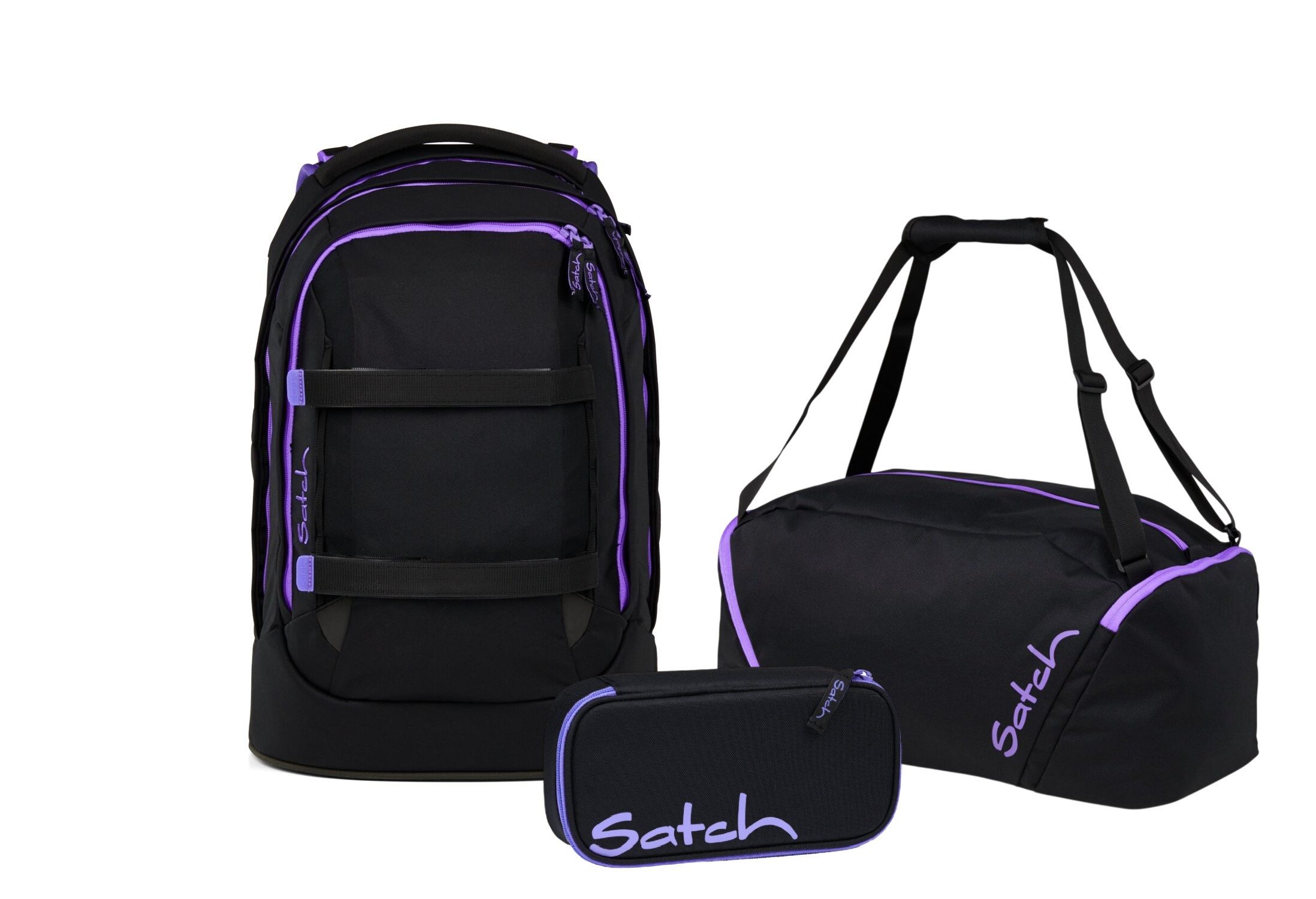Satch Schulranzen Schulrucksack-Set PACK Purple Phantom 3-teilig (3-teilig), ergonomisch, Your-Size-System: auf Körpergröße anpassbar